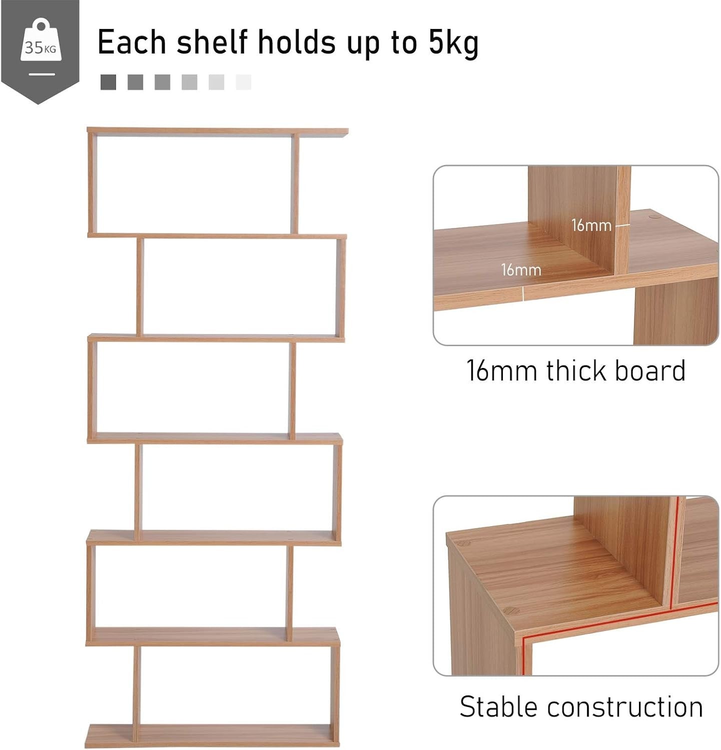 Modern S-Shape 6-Tier Bookcase Maple Wood Room Divider Display Shelf Unit