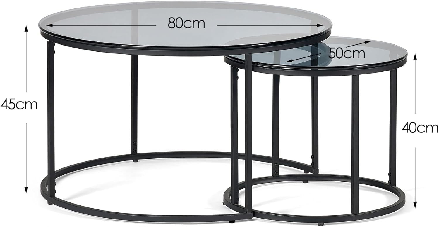 Round Nesting Coffee Tables Set of 3, Smoked Glass & Black 80x50cm