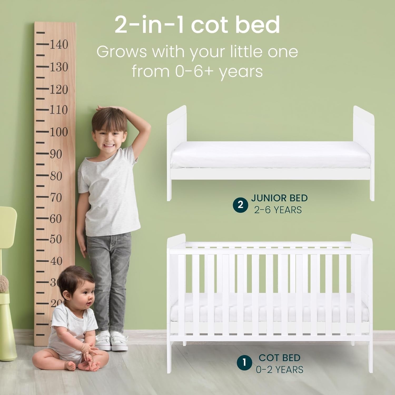 3in1 Mini Cot Bed with Drawer Toddler Sofa Adjustable Height Wooden Frame White