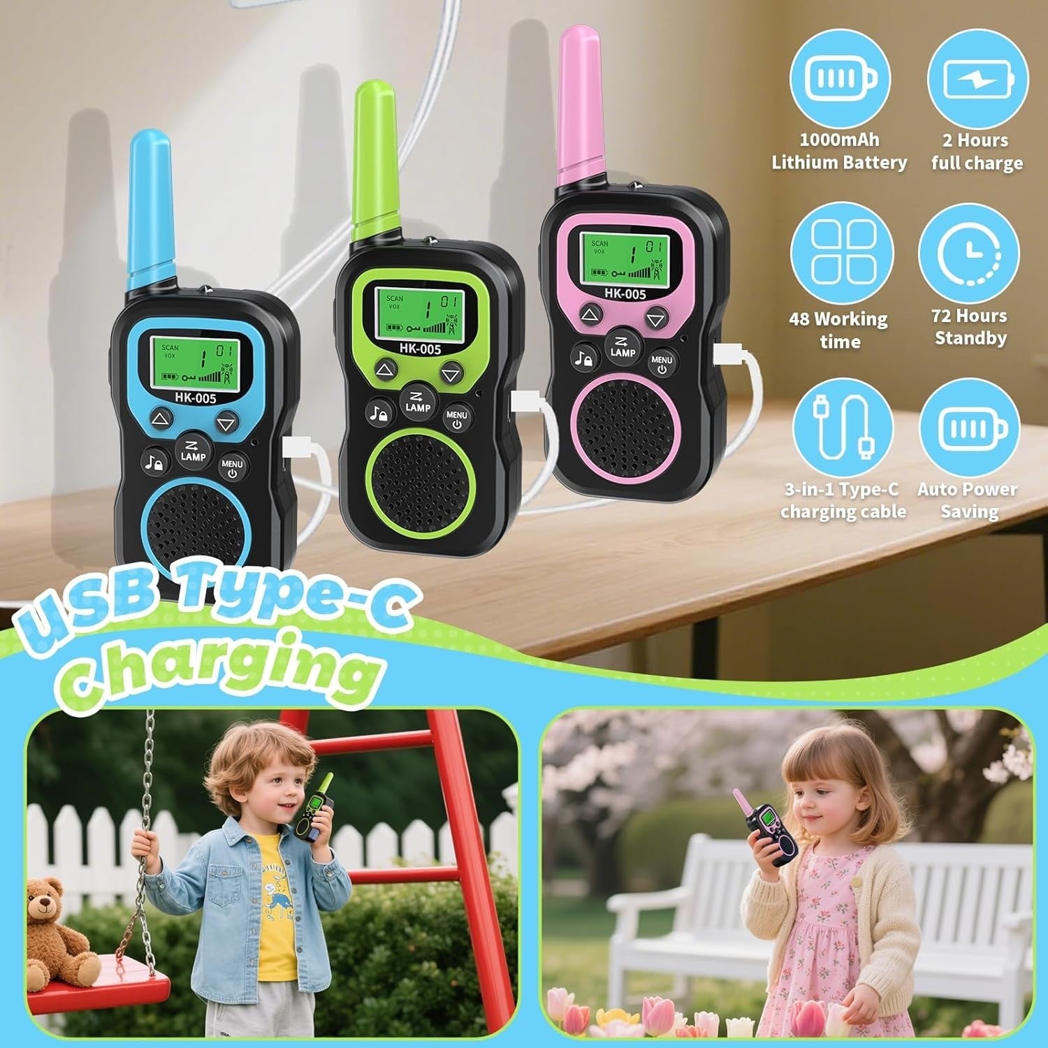 Kids Rechargeable Walkie Talkies 3 Pack Long Range VOX LED Flashlight