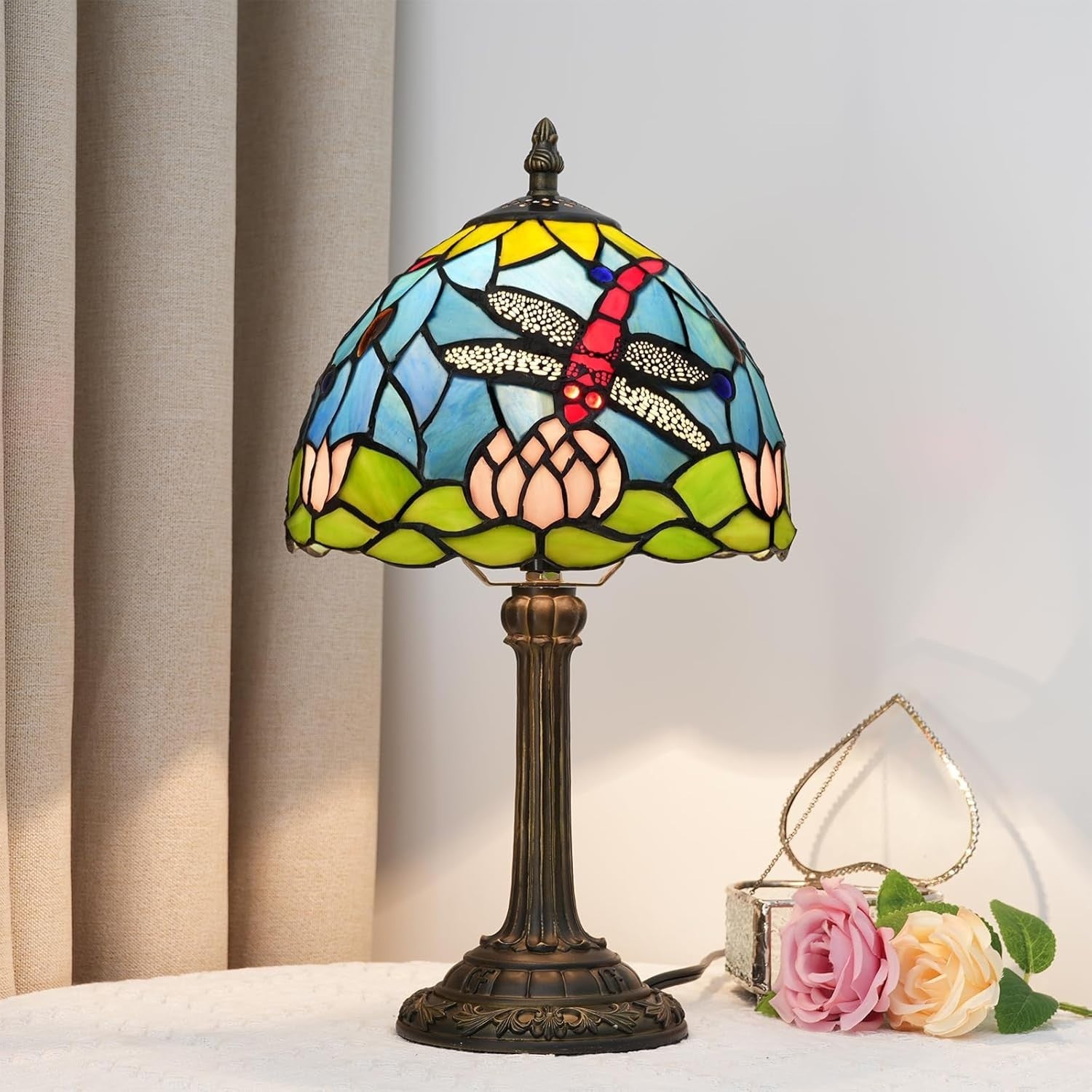 Tiffany Style Stained Glass Table Lamp Dragonfly Lotus Flower Decor