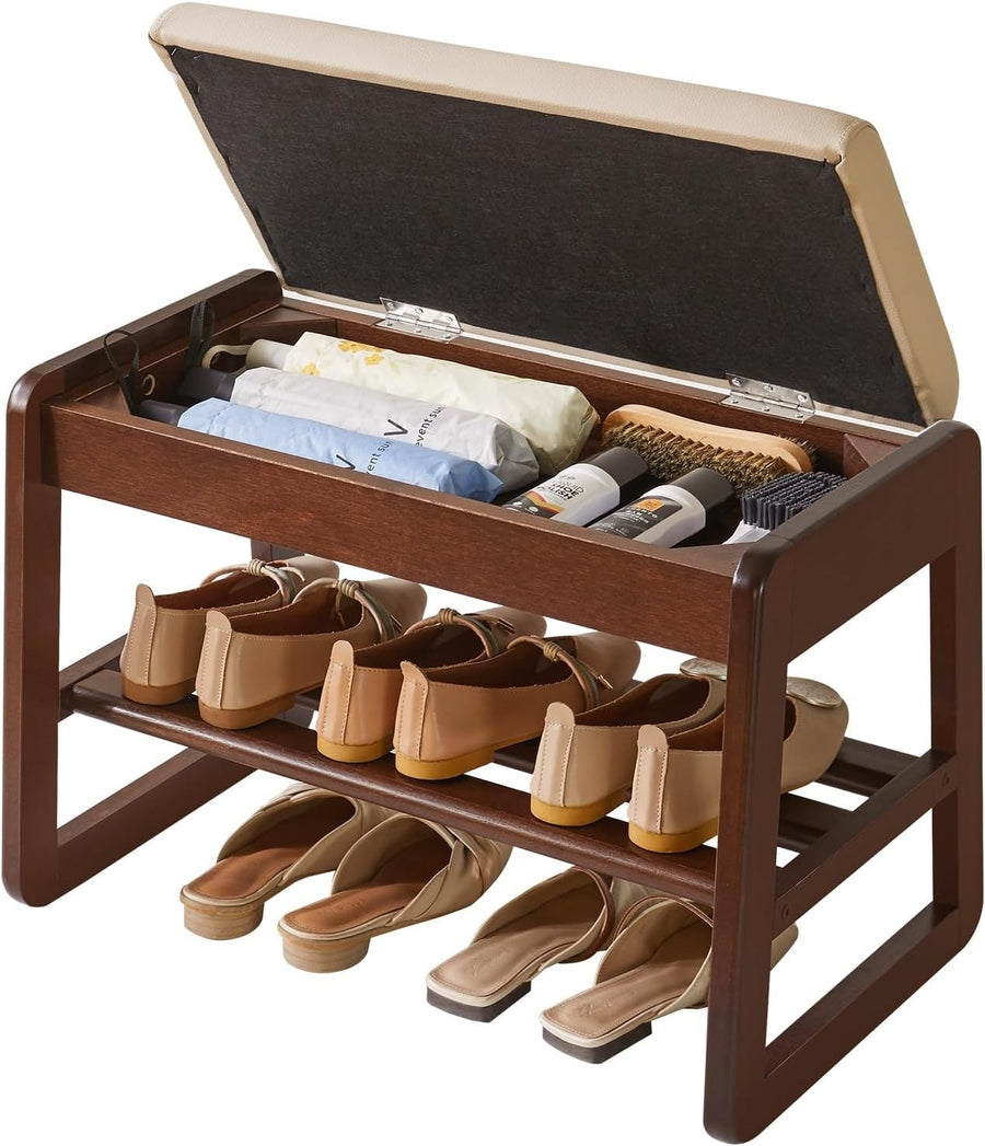 2-Tier Flip-Top Shoe Storage Bench with Padded Seat – Walnut Wood