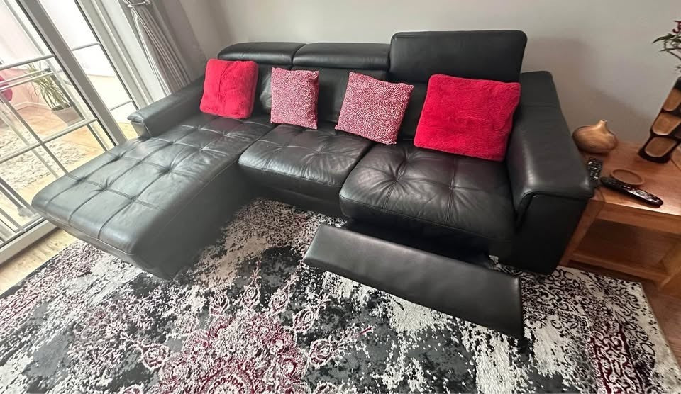 Italian Black Recliner Leather Corner Sofa L-Shape Sofa (PTP)