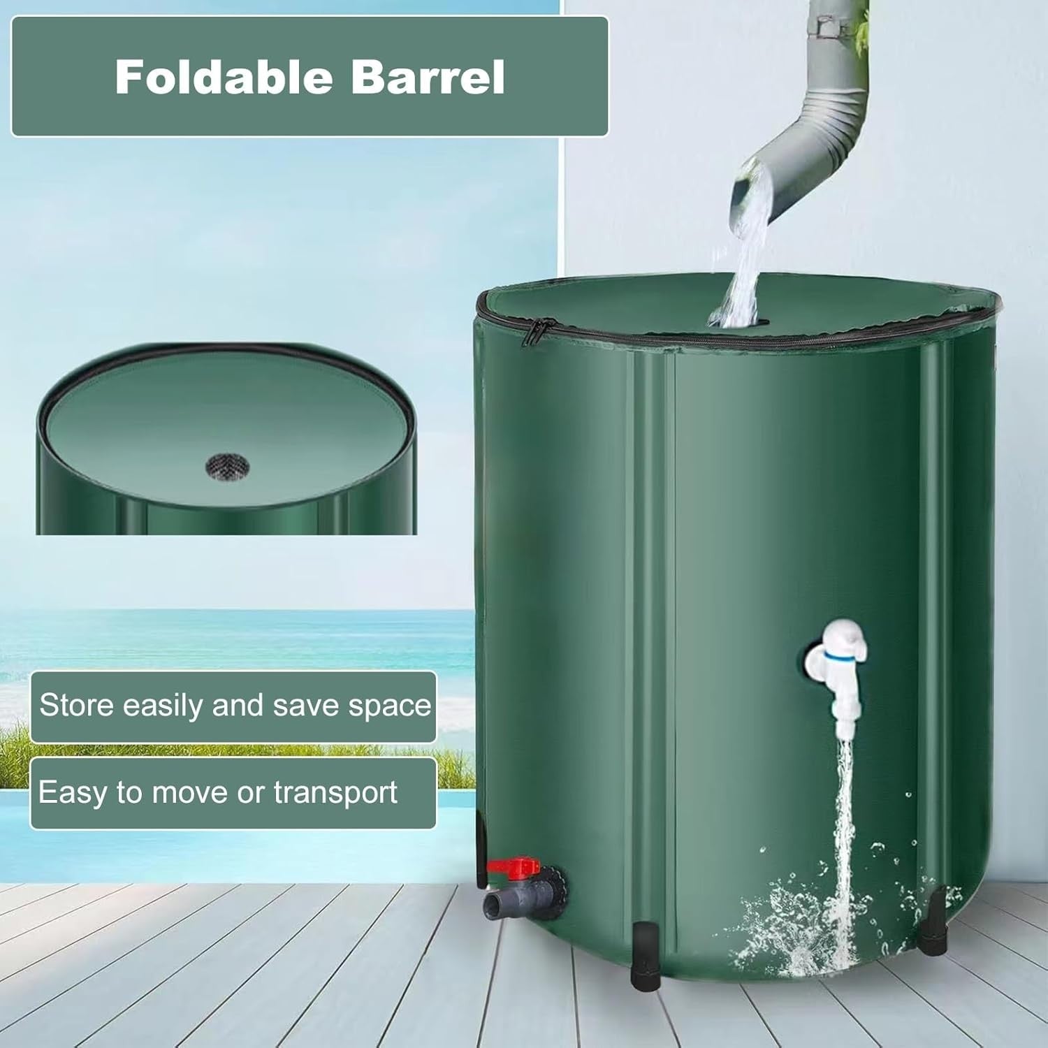 250L Foldable Garden Water Butt with Tap & Stand – Rain Barrel System