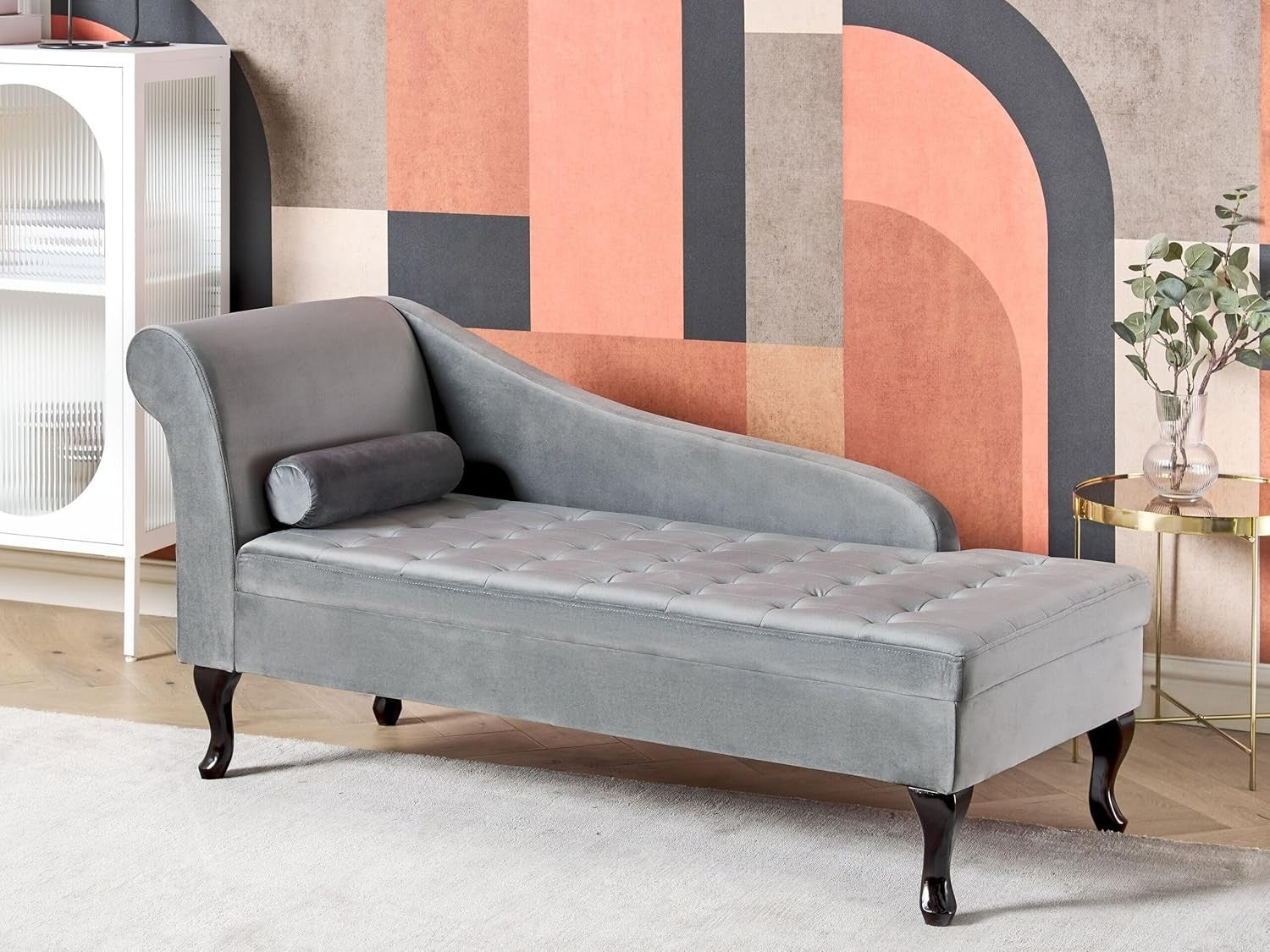 Grey Velvet Left Hand Chaise Lounge Sofa w/ Storage & Cushion Seat