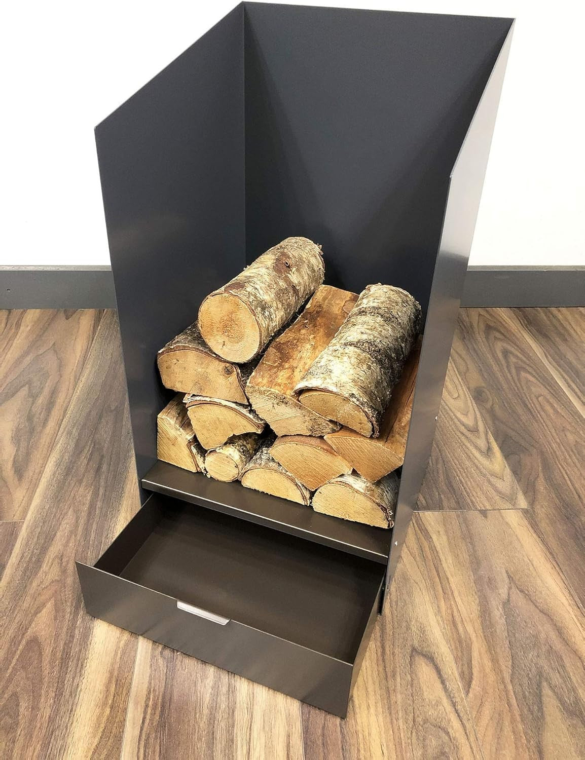 Firewood Log Holder with Drawer Indoor Steel Wood Storage Rack Modern