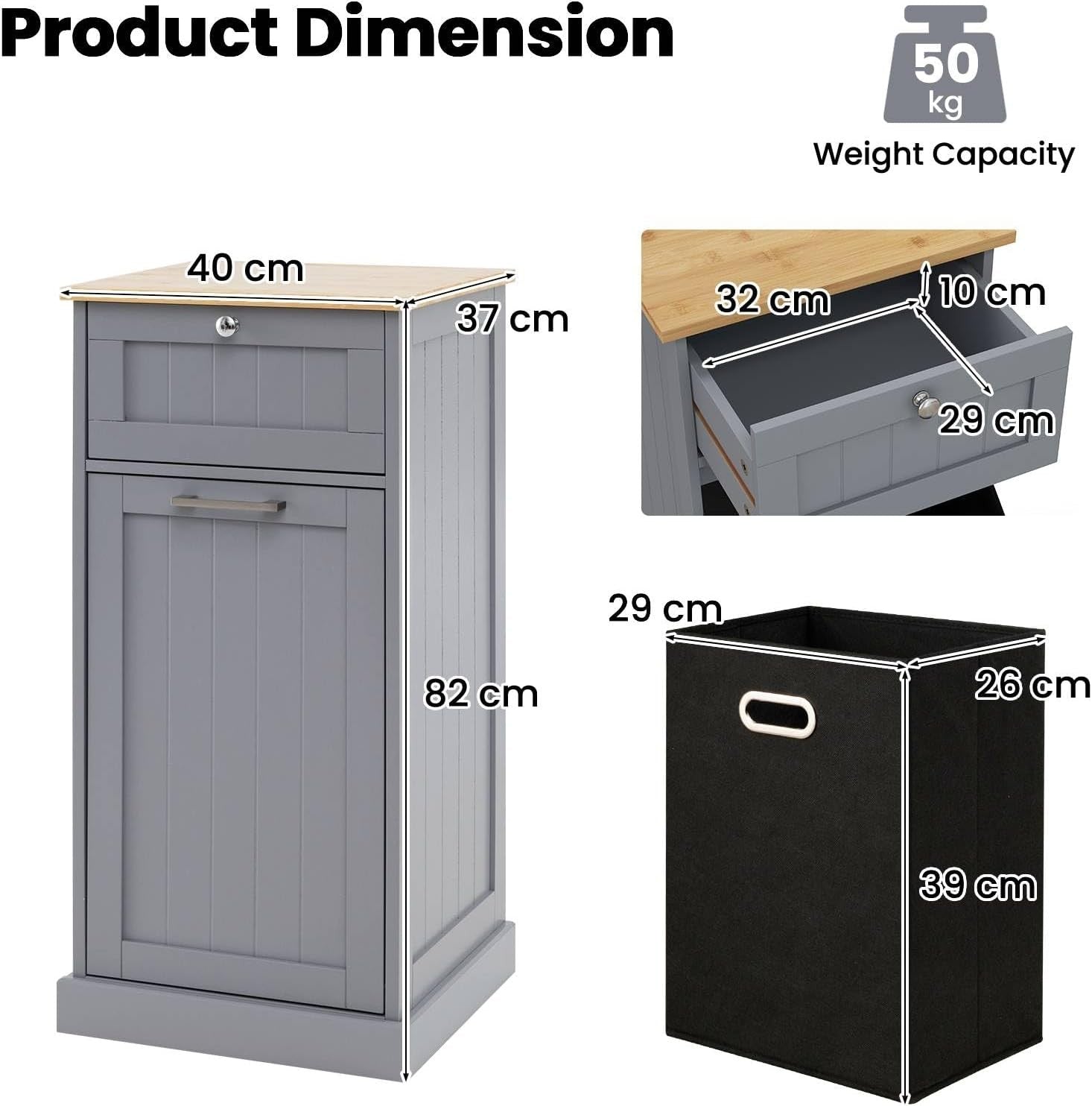 Grey Tilt-Out Laundry Hamper Cabinet with Drawer 30L Basket Bathroom Unit