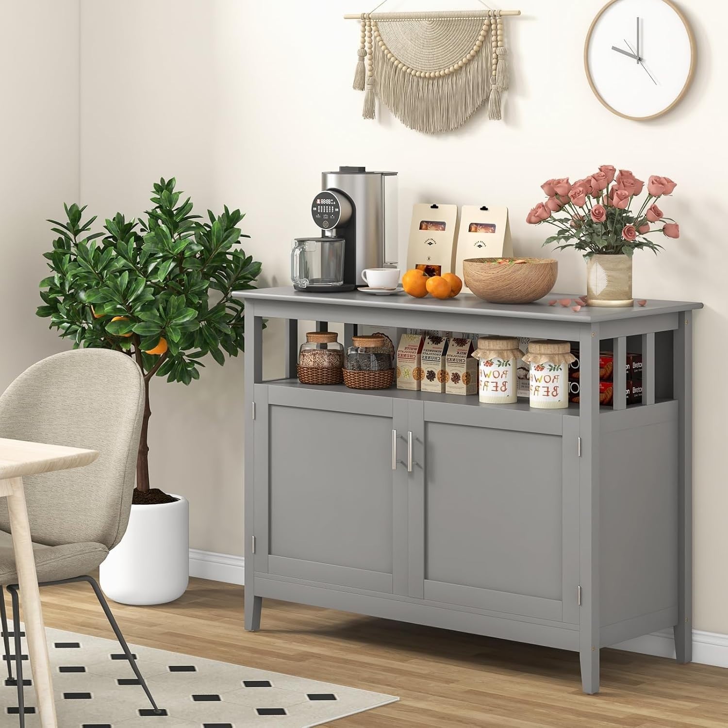 Grey Sideboard Buffet Table with Doors & Adjustable Shelf for Dining Room