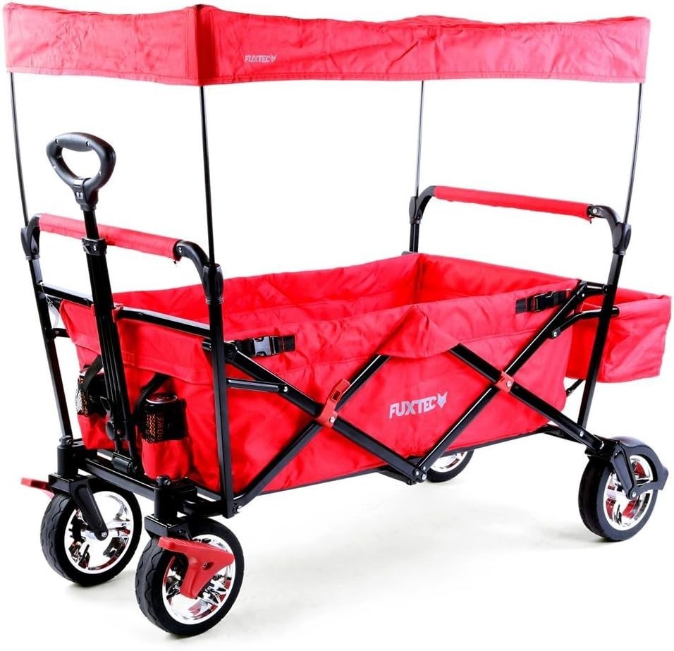 Red Kids Folding Wagon Push Pull Stroller Cart w/ Canopy & Storage Bag