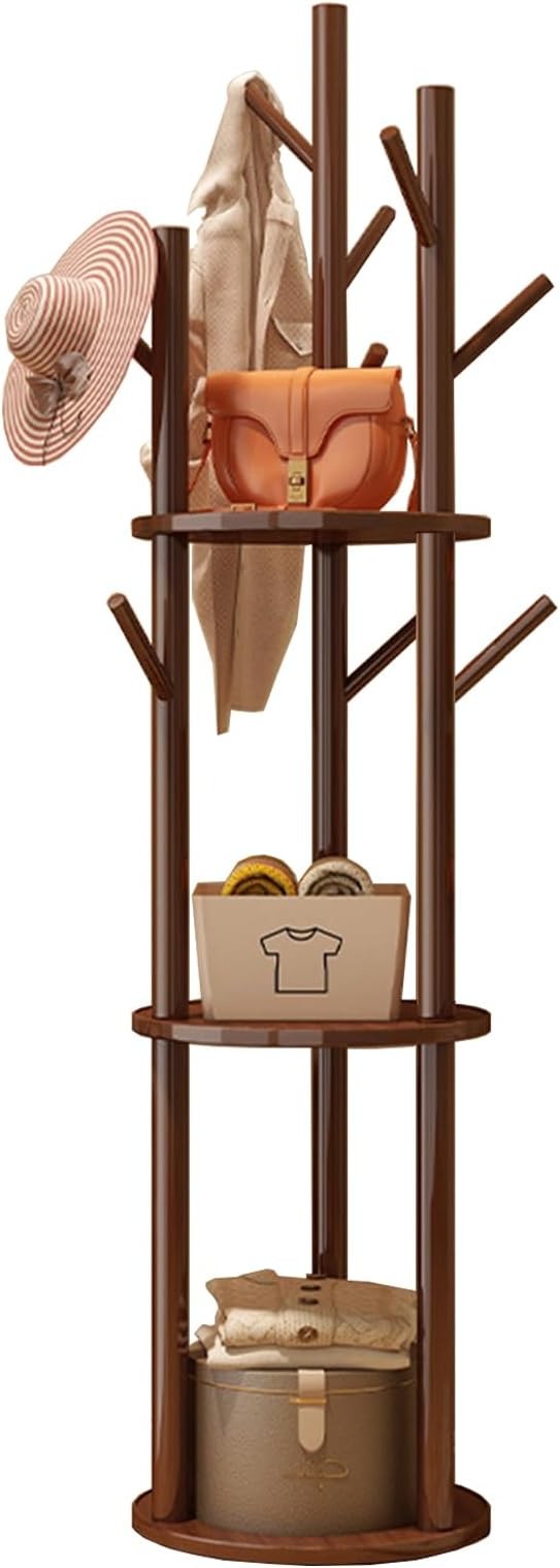 Walnut Wood Freestanding Coat Rack | 3 Shelves 9 Hooks Hall Tree Stand for Coats