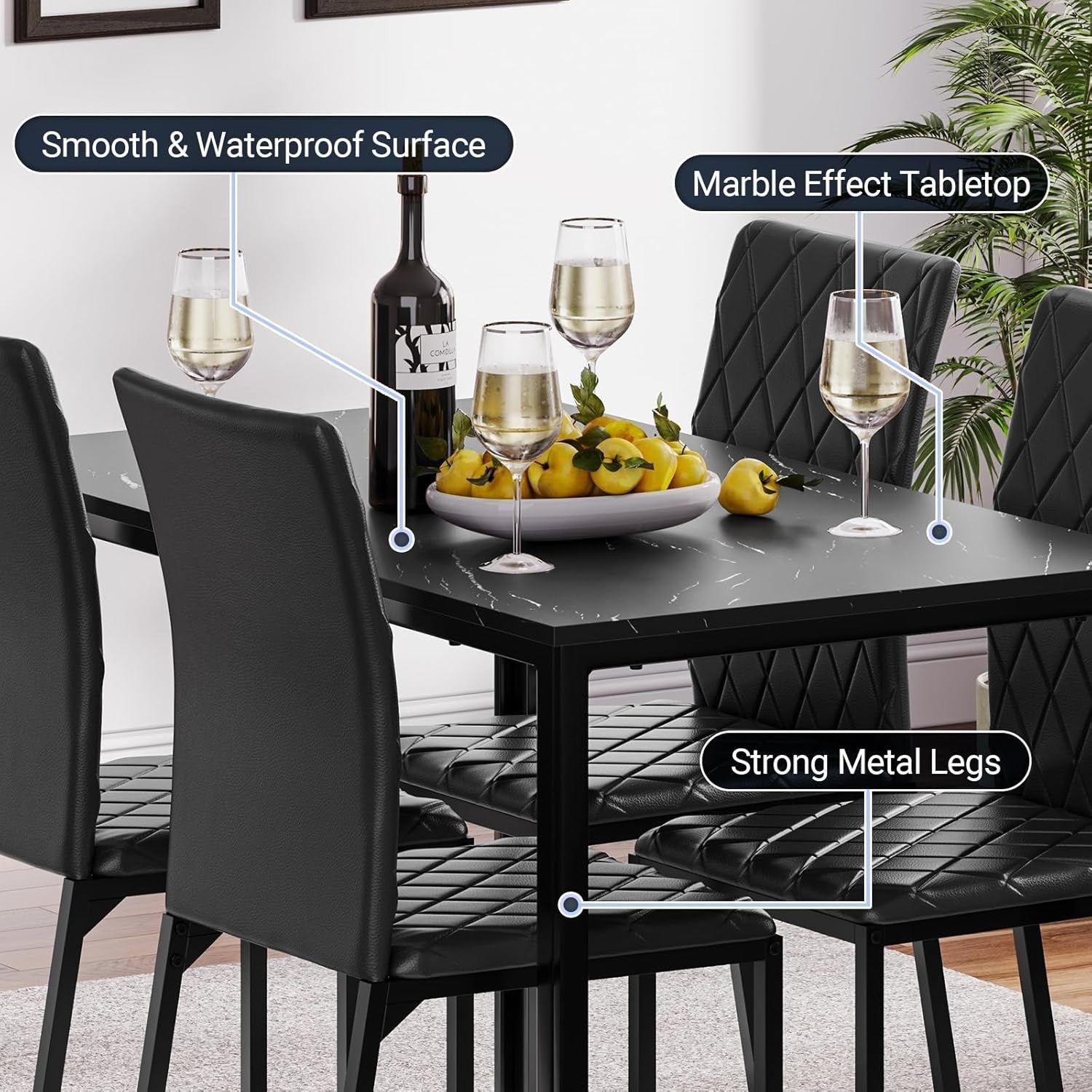 Modern Marble Effect Dining Table Set 4 PU Leather Chairs Kitchen Room