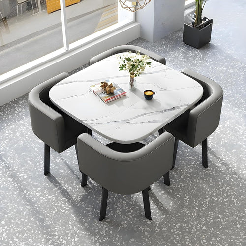 Modern 5-Piece White Dining Table Set with 4 Reclining Faux Leather Chairs