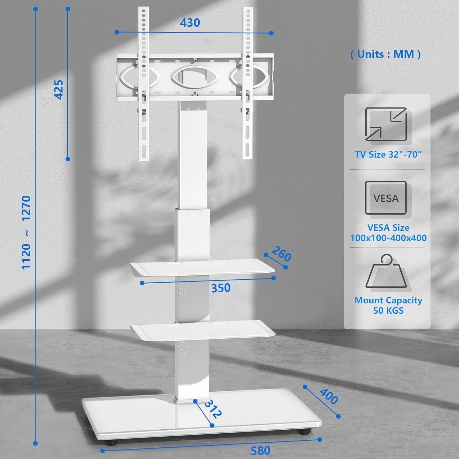 Adjustable Swivel TV Floor Stand for 32-70" LCD LED Curved Screens, Max 50kg