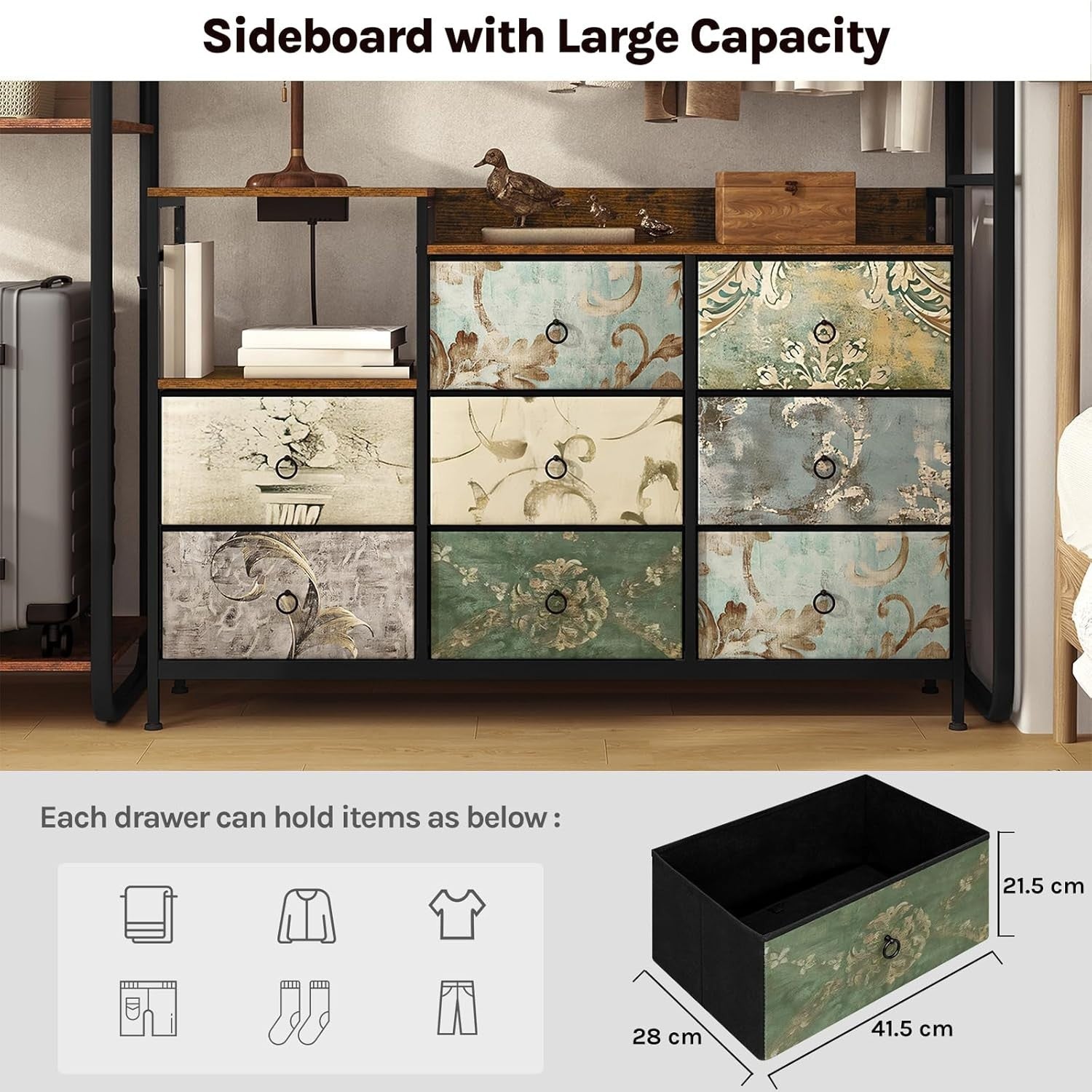 8 Drawer Fabric Chest with USB Ports & Power Strip Vintage Rustic Storage