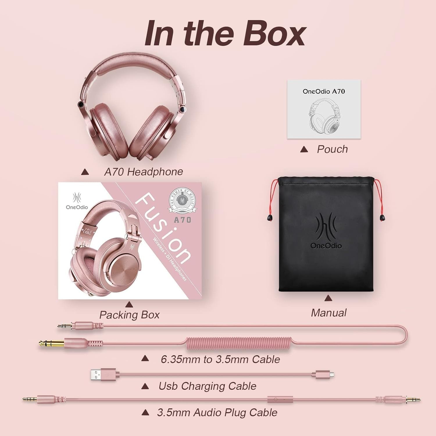OneOdio Rose Gold Bluetooth Headphones 72H Studio Over Ear Foldable DJ Set