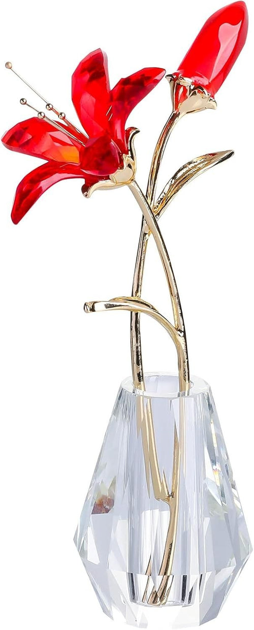 Red Crystal Lily Flower Ornament • Luxury Glass Vase Figurine • Elegant Floral