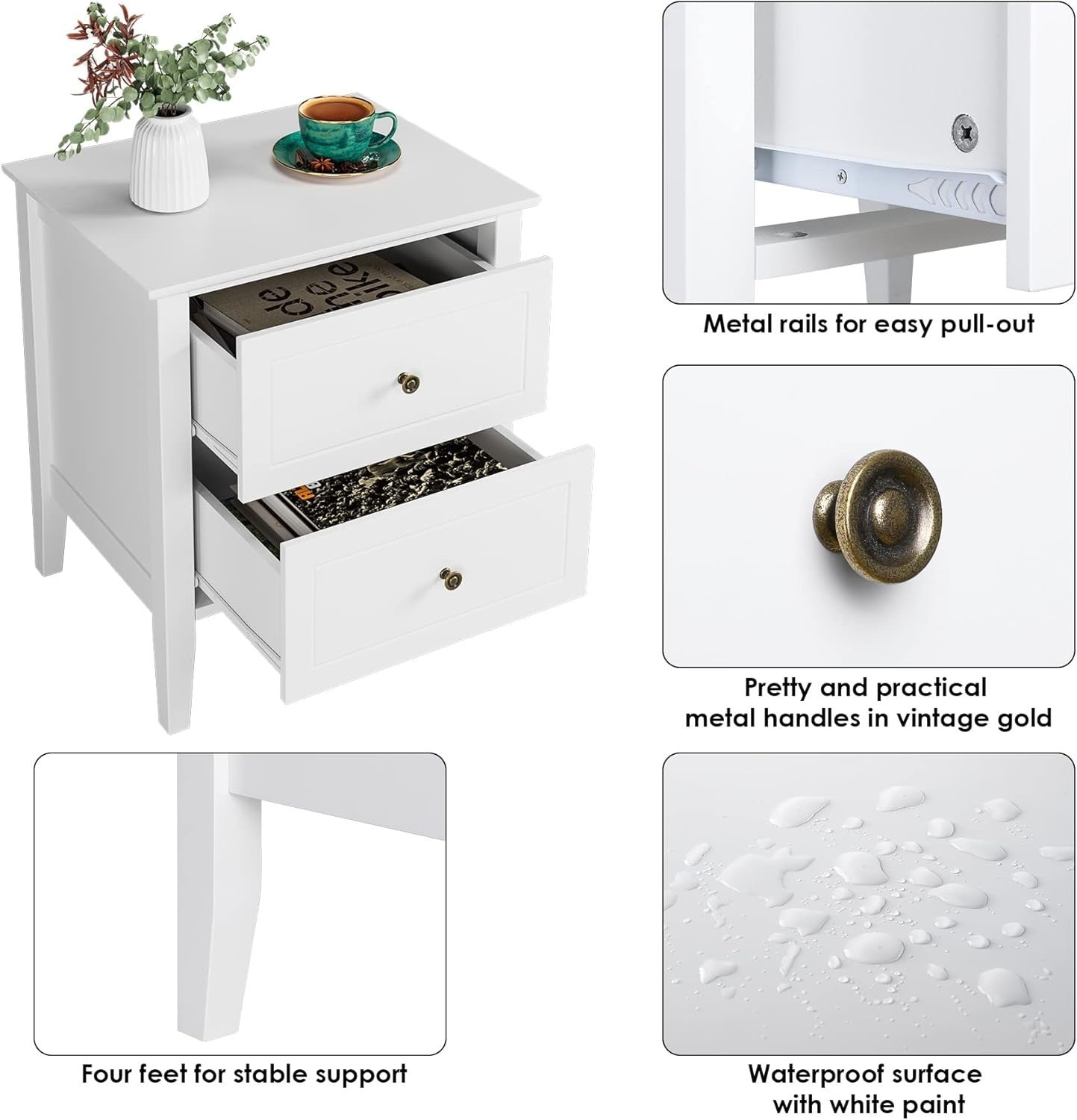 White Bedside Table with 2 Drawers | Modern Wooden Nightstand