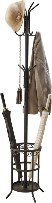Freestanding Black Metal Coat Rack 12 Hooks with Umbrella Holder Stand