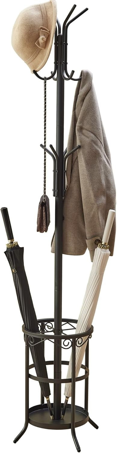 Freestanding Black Metal Coat Rack 12 Hooks with Umbrella Holder Stand