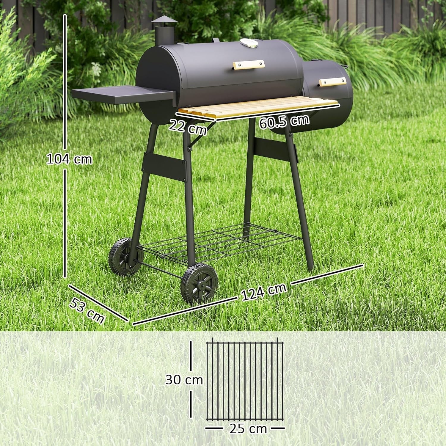 Charcoal BBQ Grill with Offset Smoker | Outdoor Barrel Barbecue with Shelves