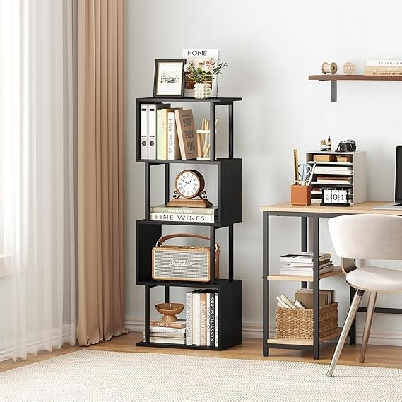 Modern S-Shaped 4-Tier Corner Bookshelf | Space-Saving Display Shelf | Black