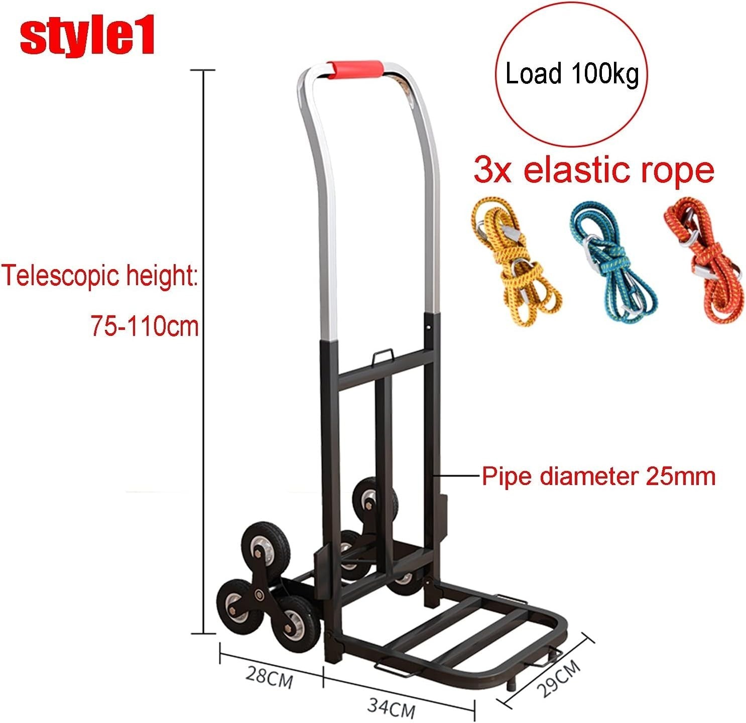 6 Wheel Stair Climbing Folding Hand Truck 100kg Adjustable Steel Trolley