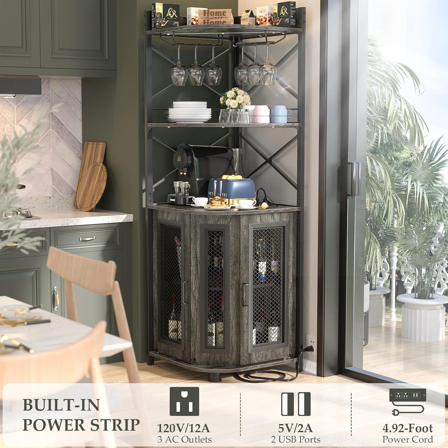 Grey Oak Corner Drinks Cabinet with LED Strip, Charging Ports & 5 Shelf Display