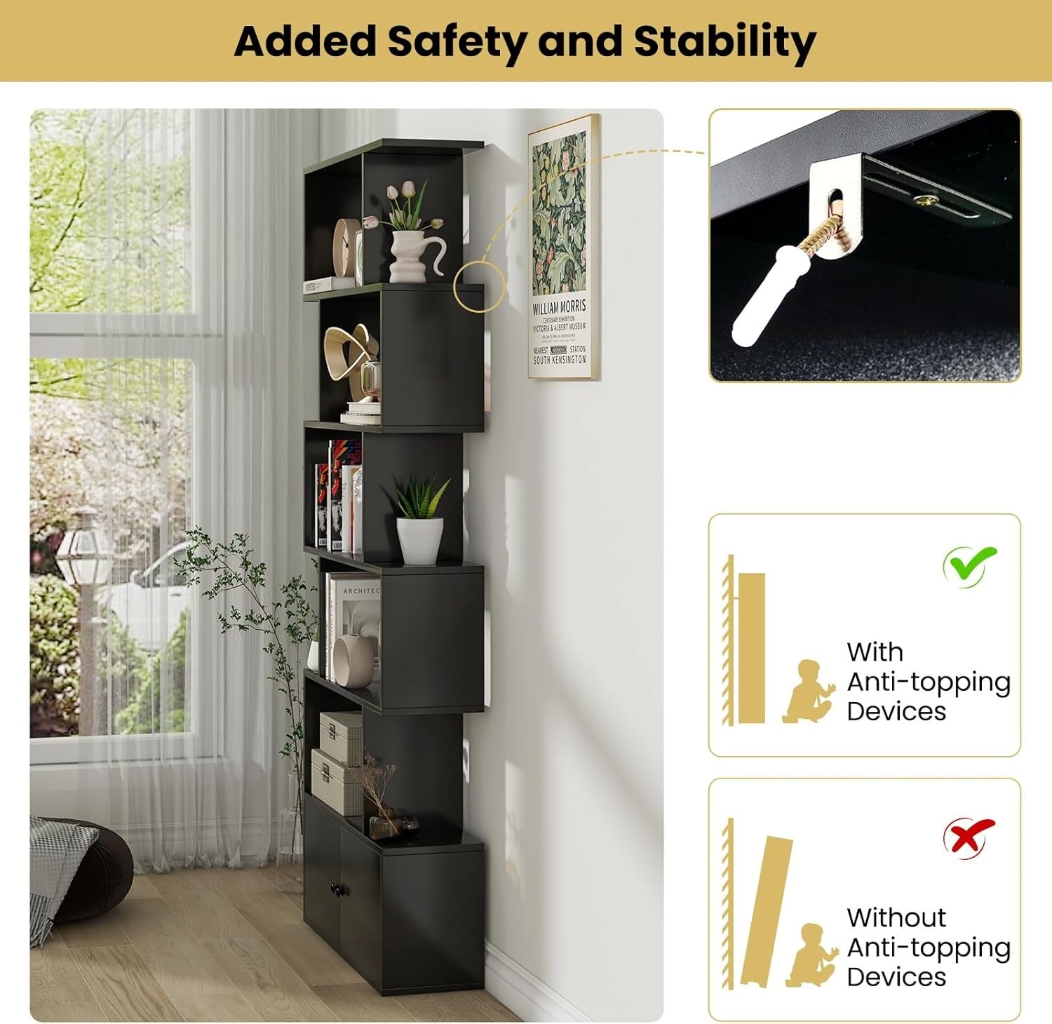Black S-Shaped 6 Tier Bookcase Tall Freestanding Storage Shelf with Cabinet
