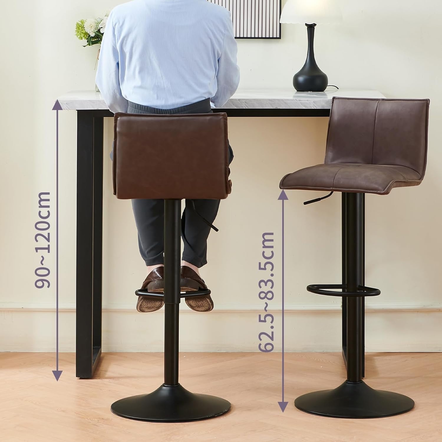 Pu Brown Faux Leather Bar Stool Set of 4 Adjustable Swivel Kitchen Chairs