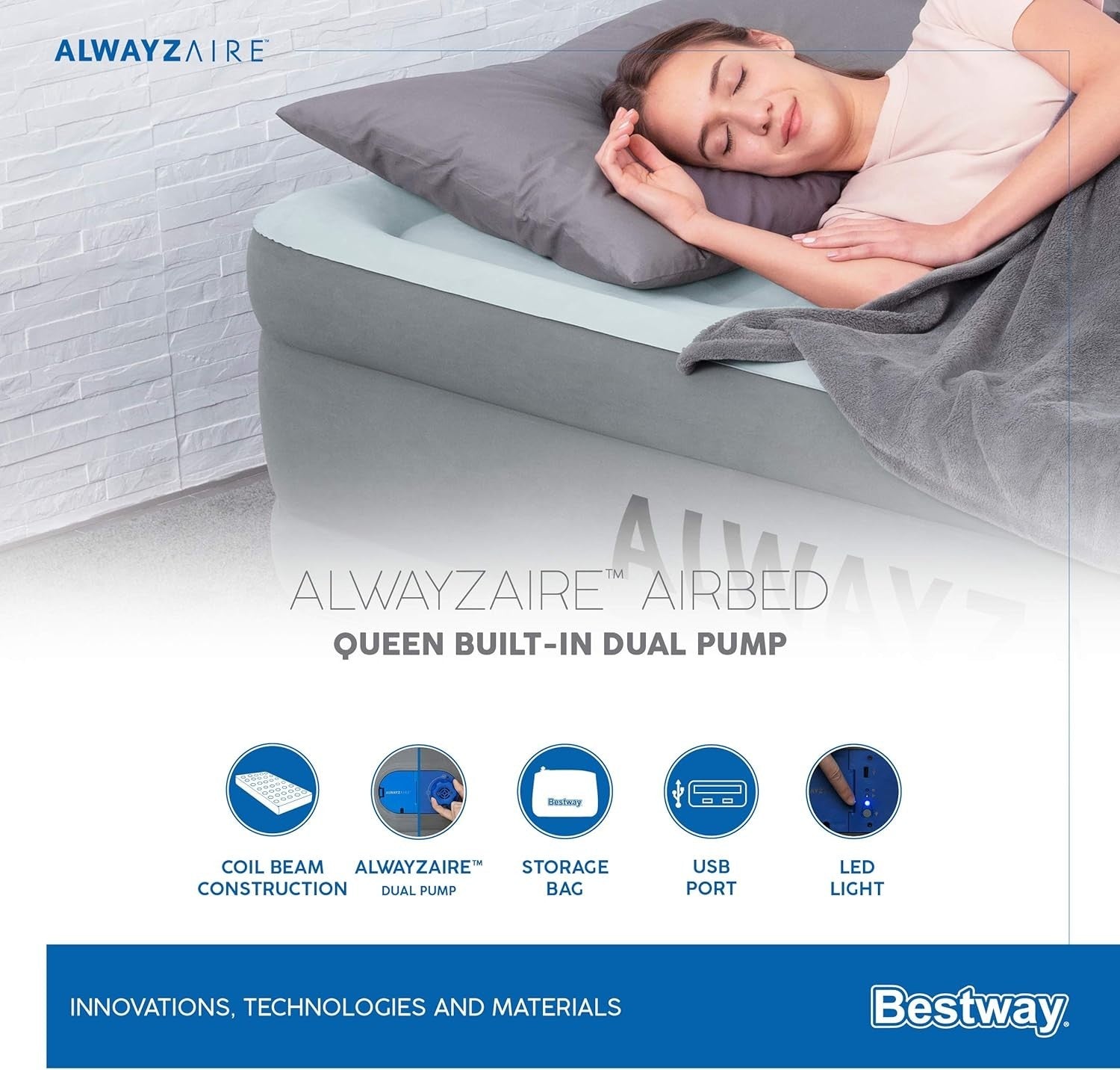 Queen Inflatable Air Mattress with Built-In Pump, USB Port & LED Night Light