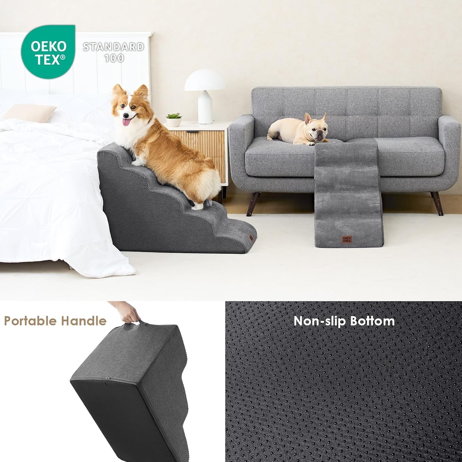 5 Step Dog Stairs for High Bed Non Slip Foam Pet Steps Washable Grey
