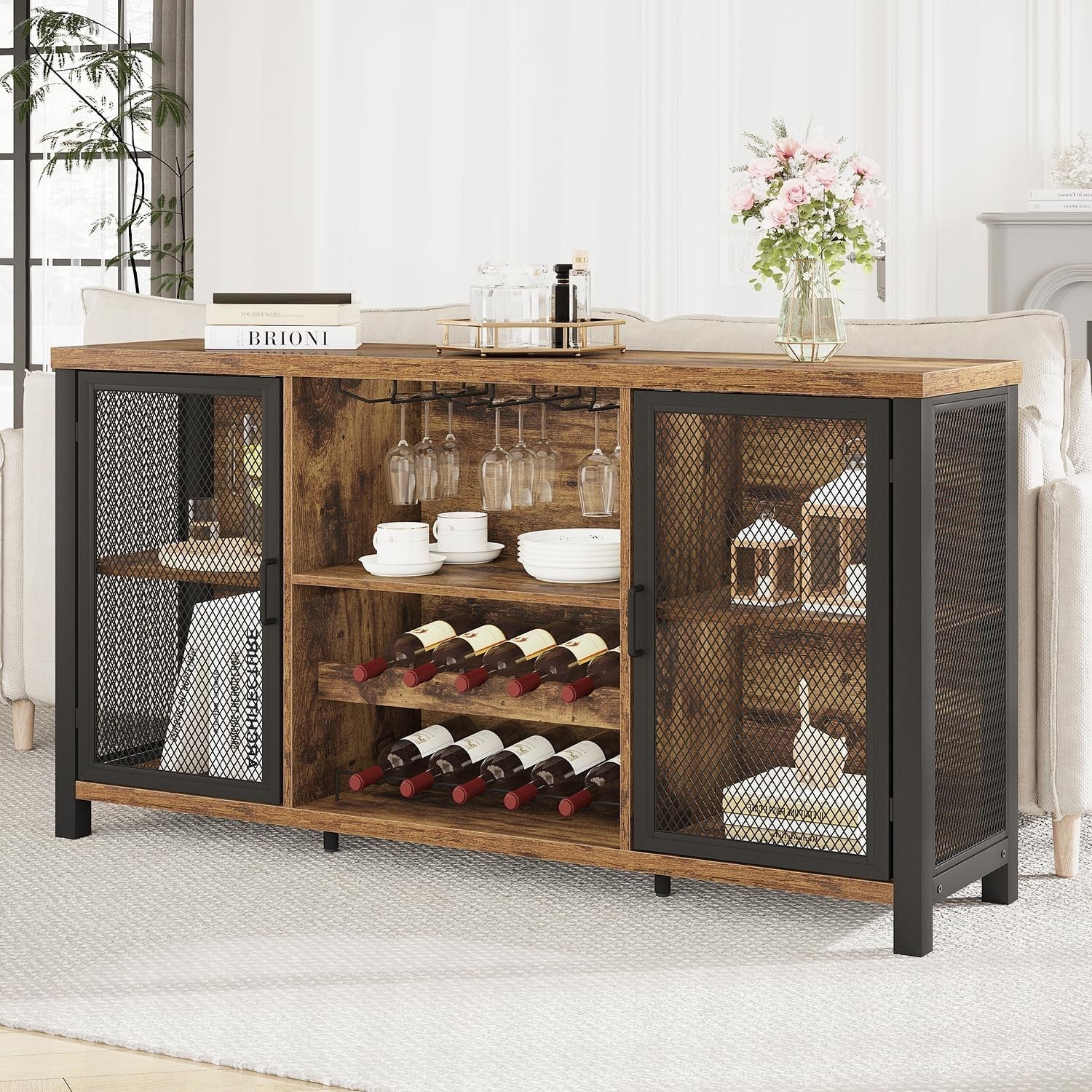 Rustic Industrial Bar Sideboard Cabinet with Wine Rack Glass Storage 140cm