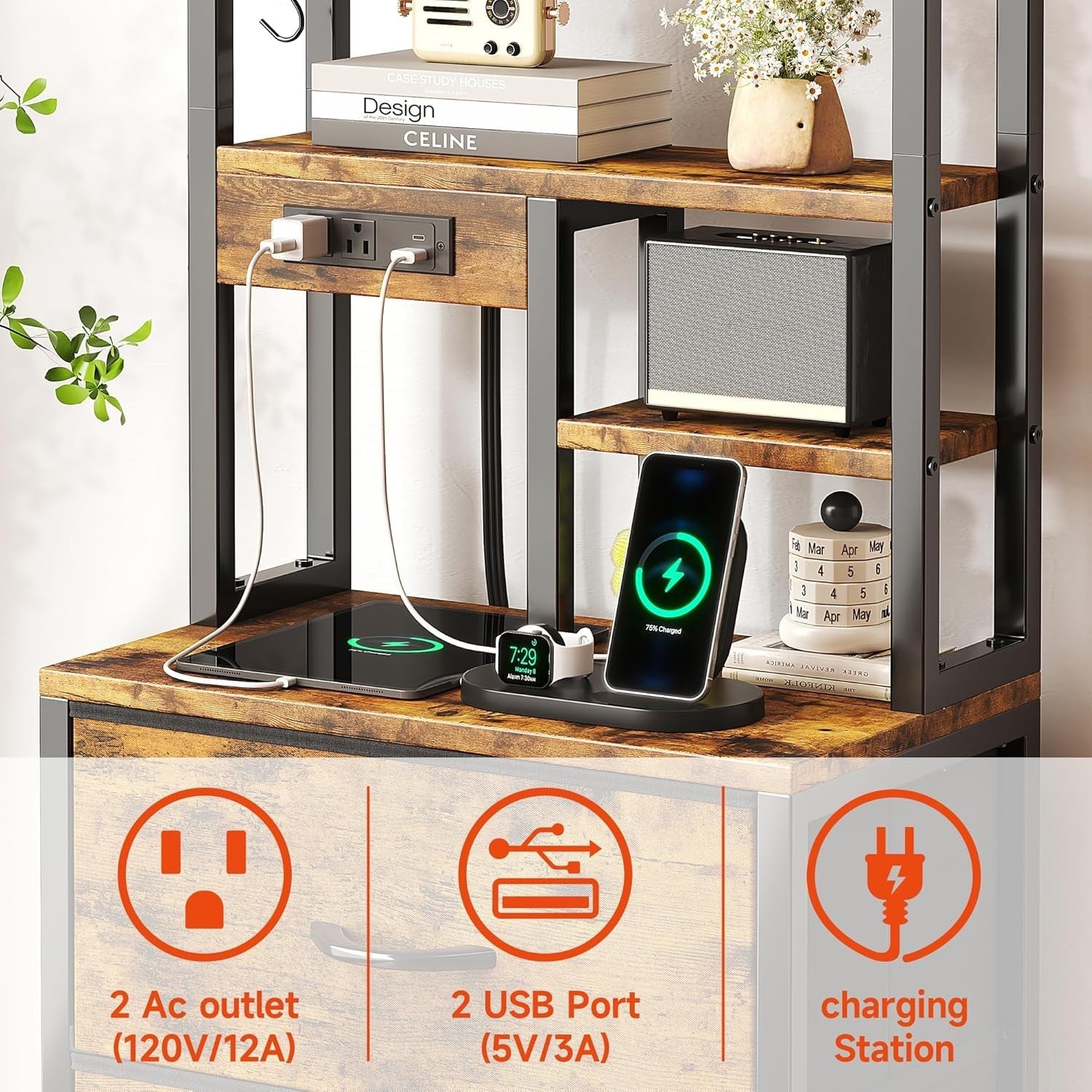 Tall Bedside Table with LED Lights Charging Ports Drawers Shelves Rustic Brown