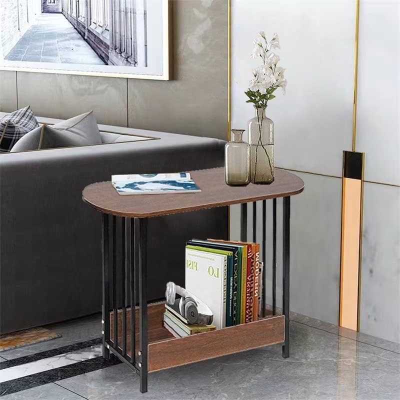 Slim Oval Side Table with Storage, Dark Oak Small End Table for Living Room