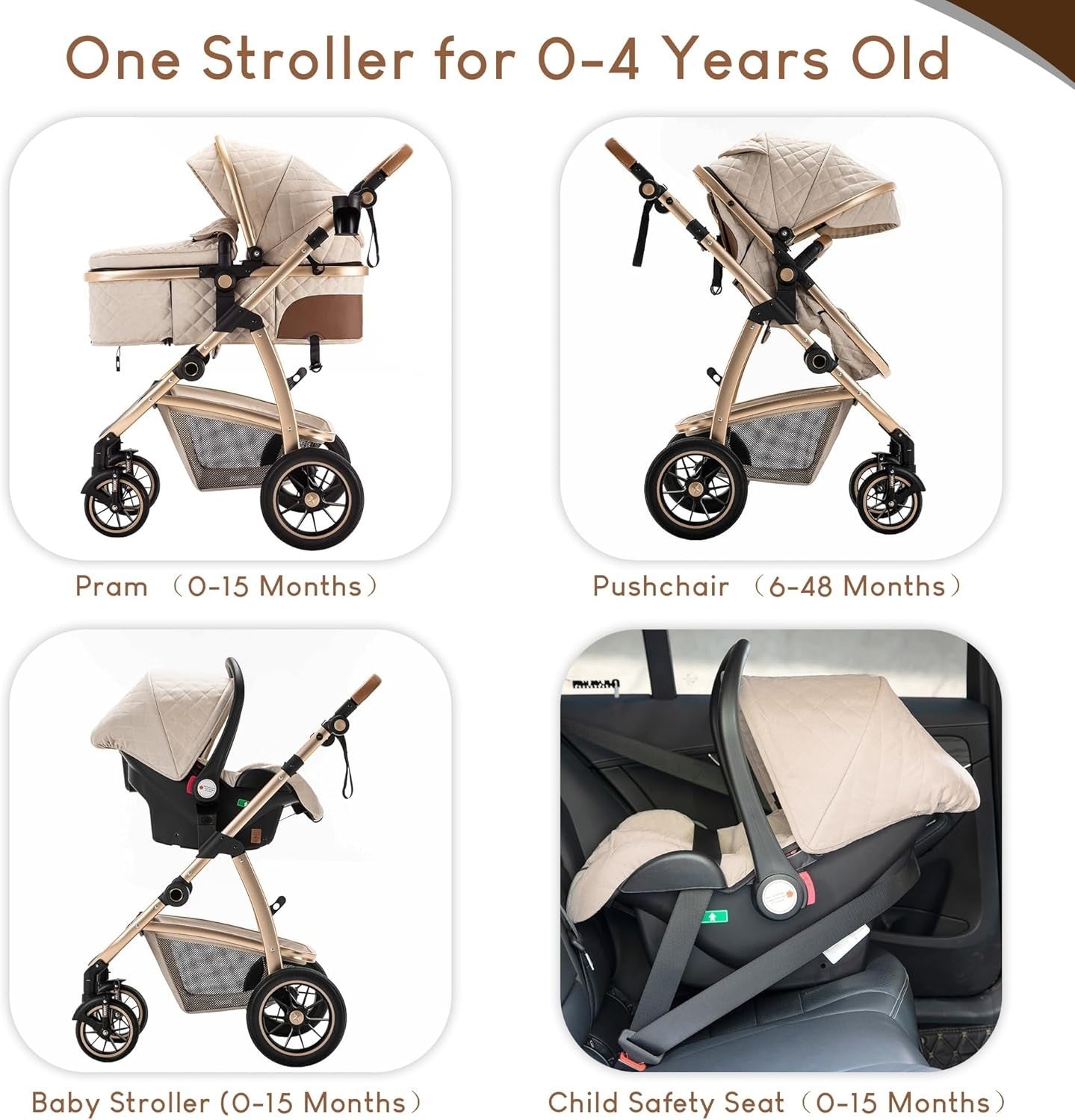 Pink 3in1 Baby Travel System Pram Pushchair Car Seat Adjustable Handle