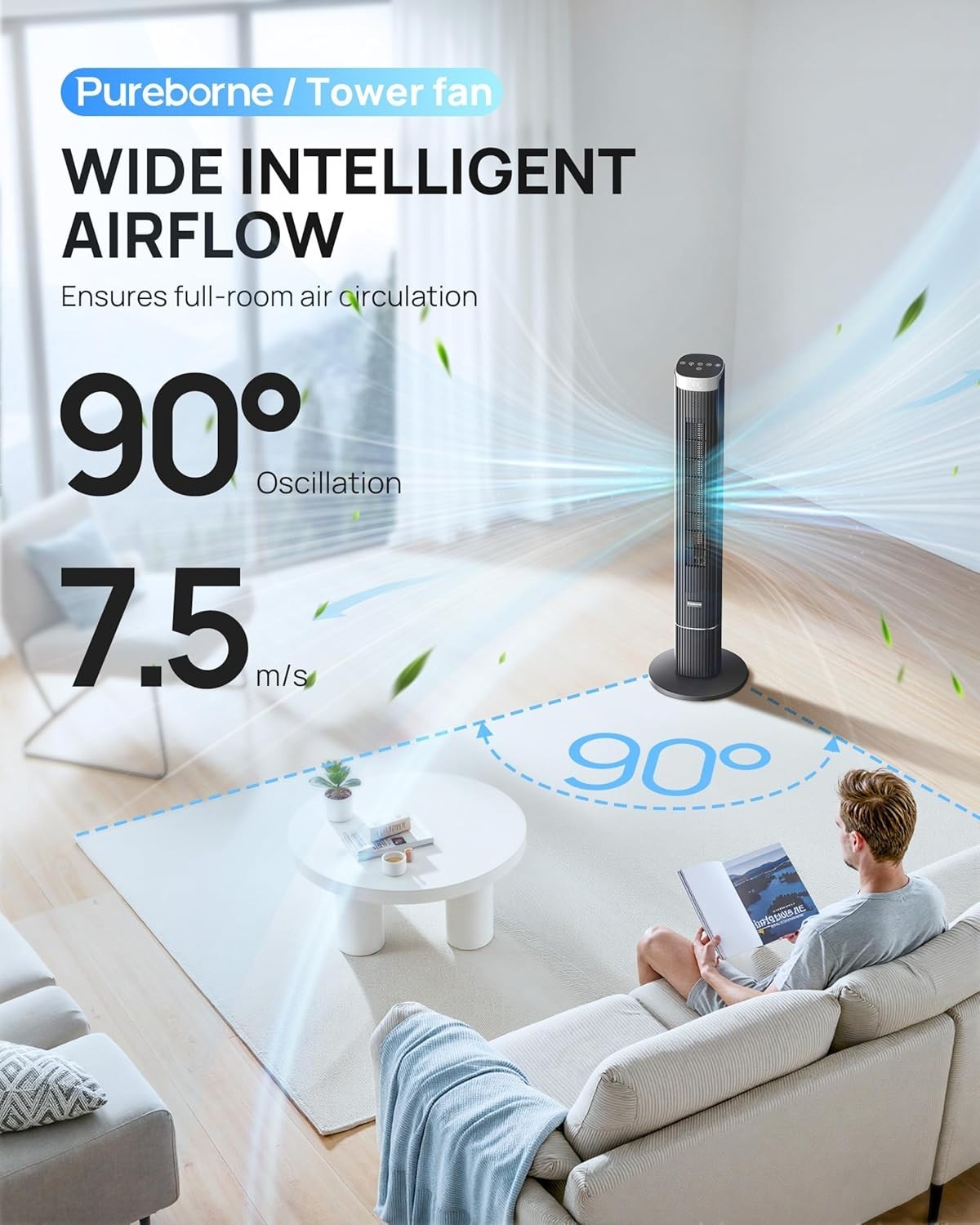 42" Smart Tower Fan with Remote & WiFi App Control 50W Quiet Cooling – Black