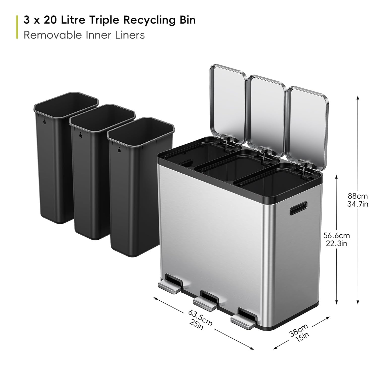 60L Triple Recycling Bin 3x20L Stainless Steel Pedal Soft Close