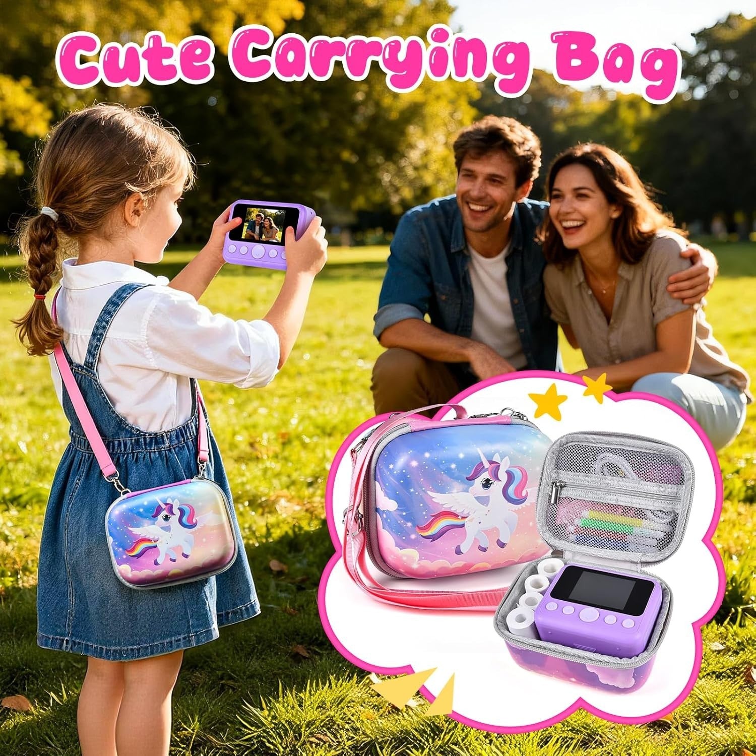 Kids Instant Print Camera 30MP 32GB Card 4 Paper Rolls Purple Kit