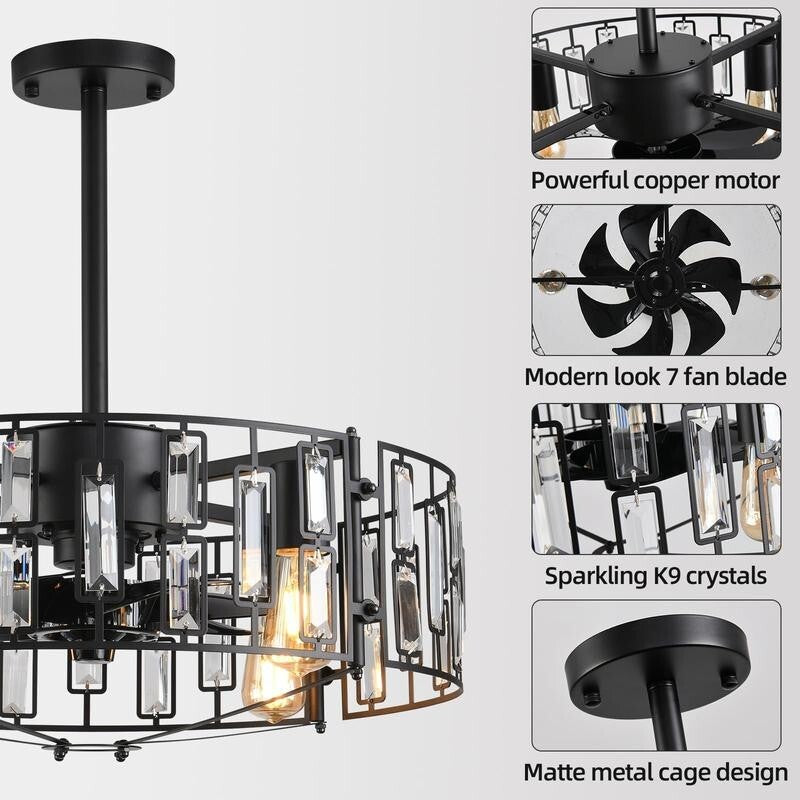 Crystal Ceiling Fan Light Flush Mount Remote App Control 6-Speed E27 Black