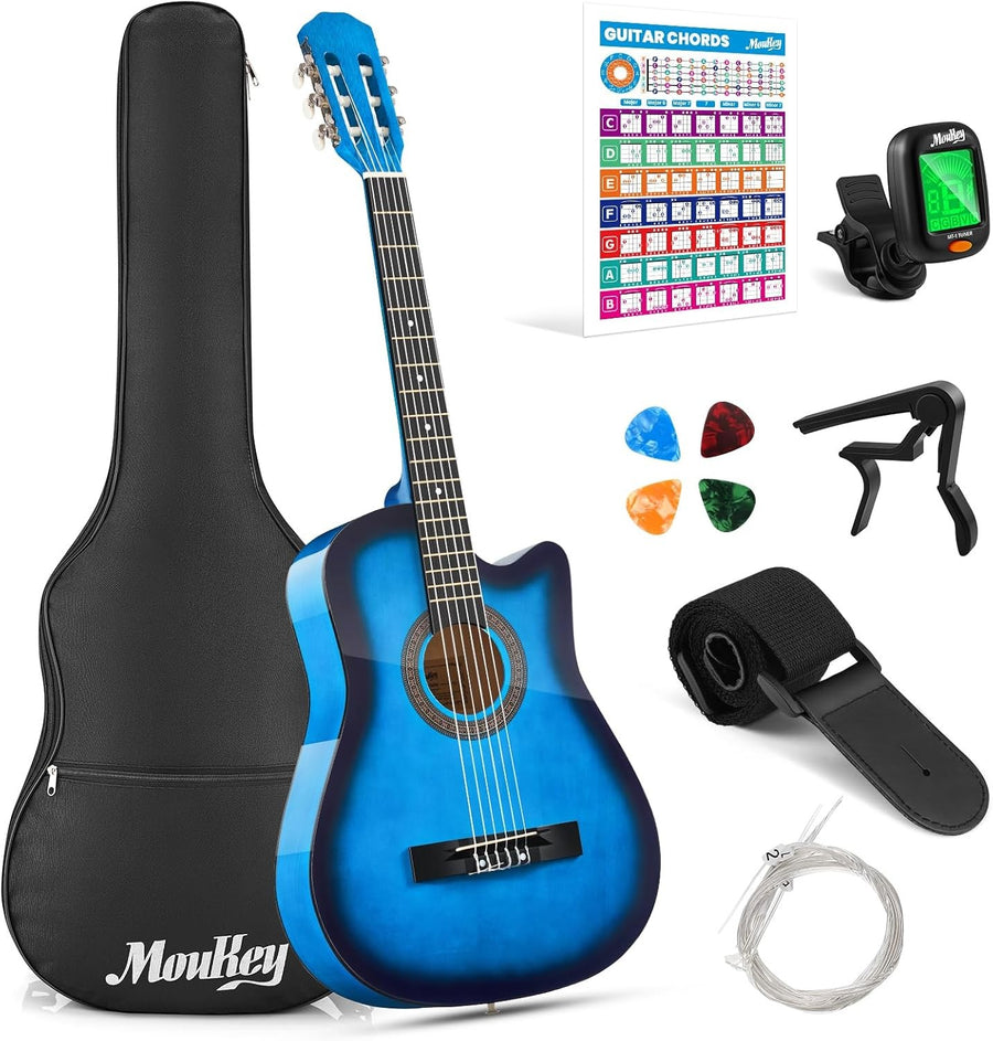 38" Blue Acoustic Guitar Kit Cutaway Nylon Strings w/ Bag & Tuner