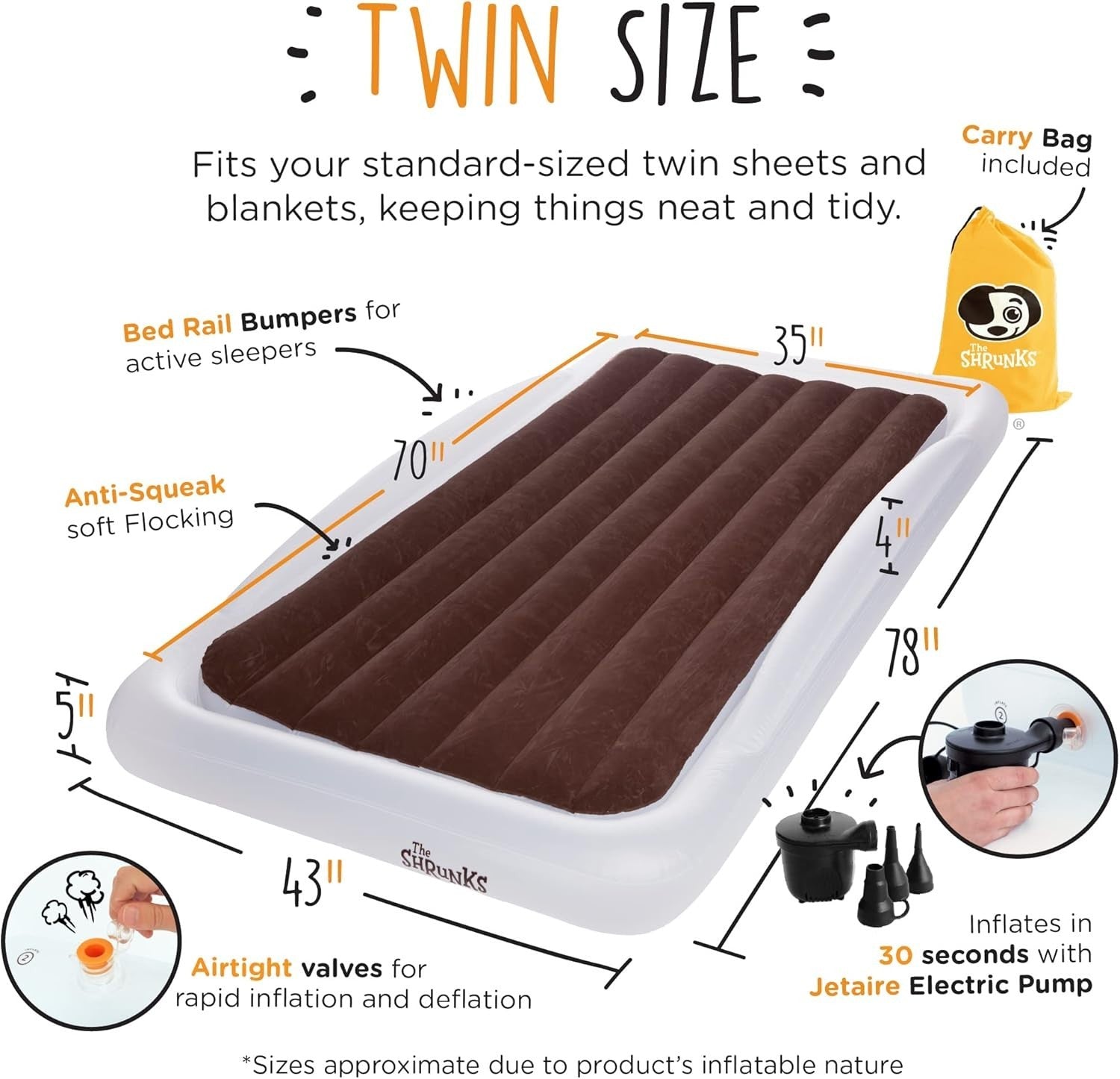 Twin Inflatable Travel Bed 200×110CM Kids Air Mattress w/ Rails & Pump