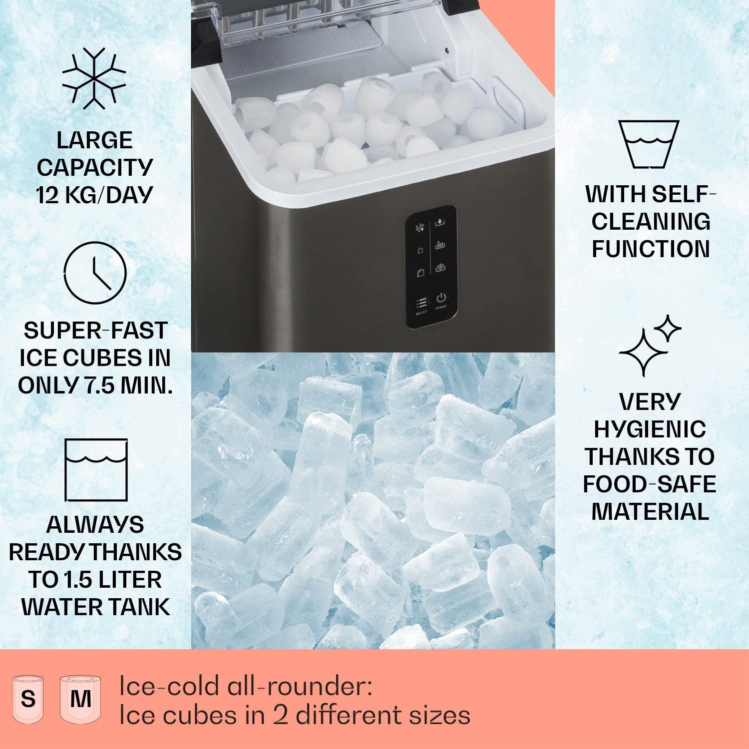 Countertop Ice Maker Machine Fast Ice Cube Maker 12kg Per Day Compact