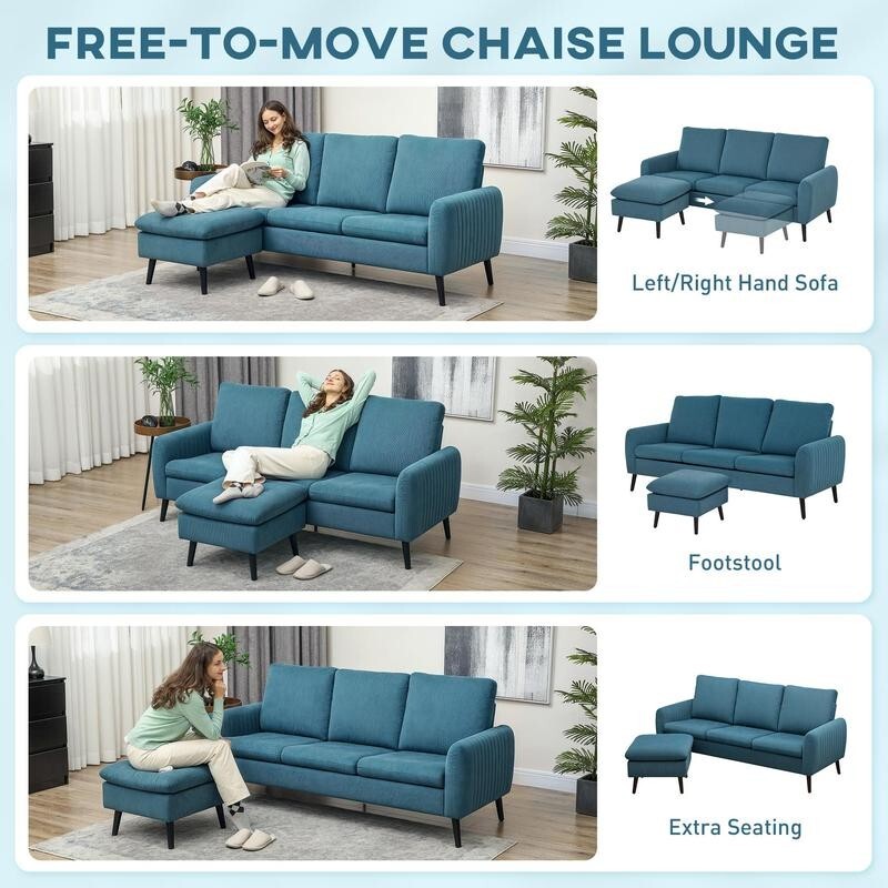 3 Seater Corduroy Sofa w/ Chaise Lounge L Shape Couch Reversible Blue