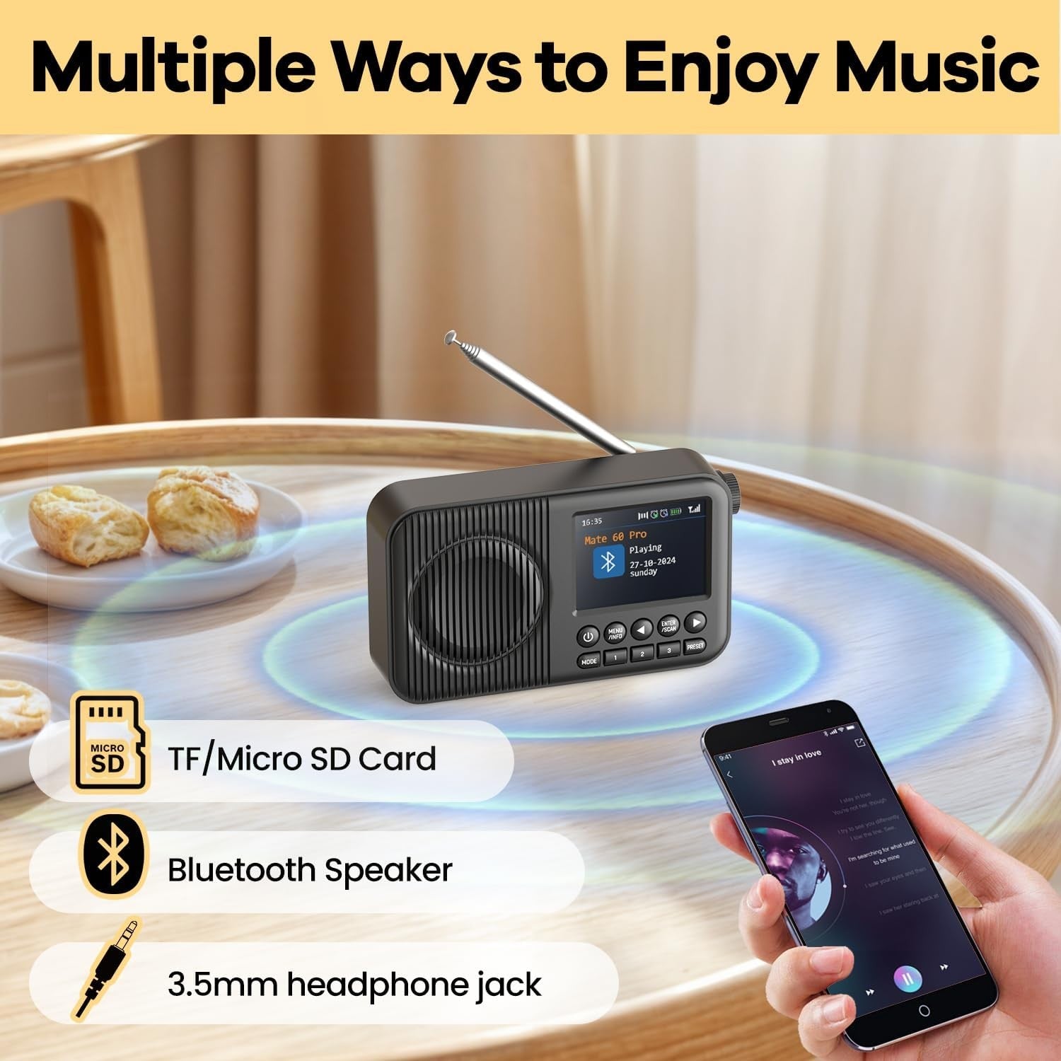 Portable DAB Digital Radio Bluetooth Rechargeable Dual Alarm Colour Display