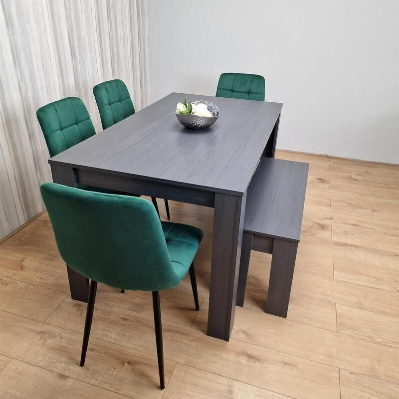 Dark Grey Dining Table Set with 4 Green Chairs & Bench, 6 Seater Kitchen