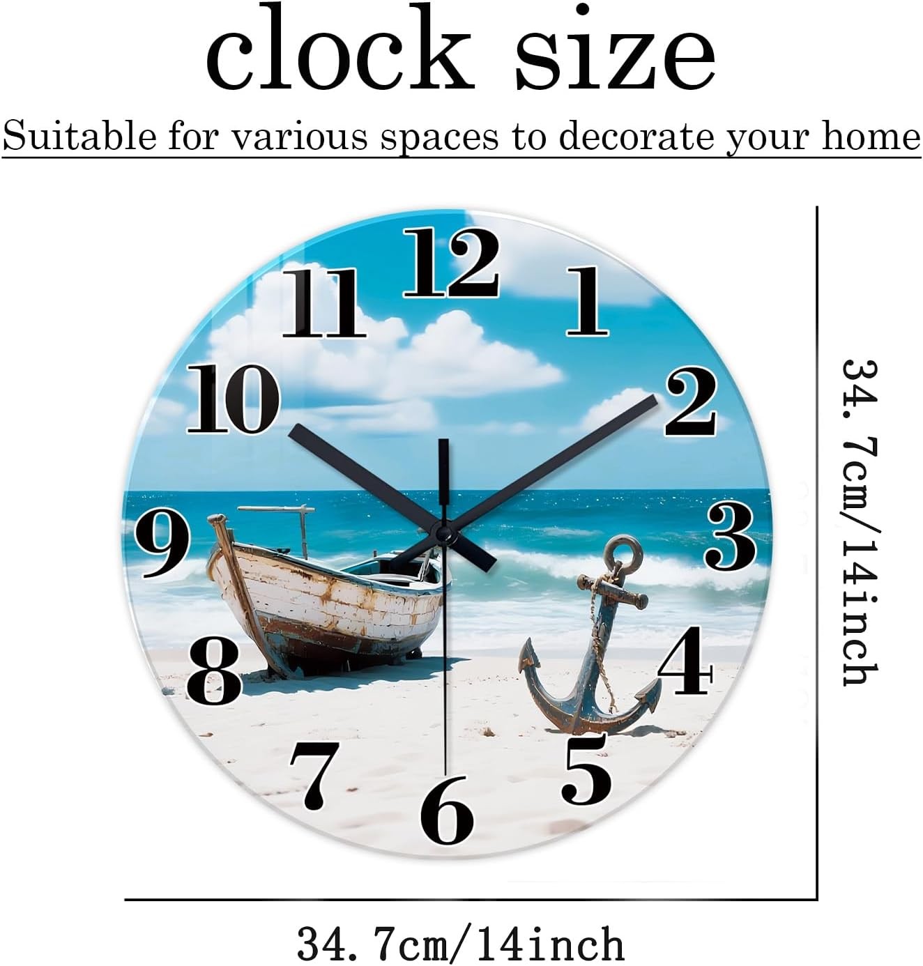 14" Coastal Beach Wall Clock Silent Non-Ticking Blue Ocean Boat Decor