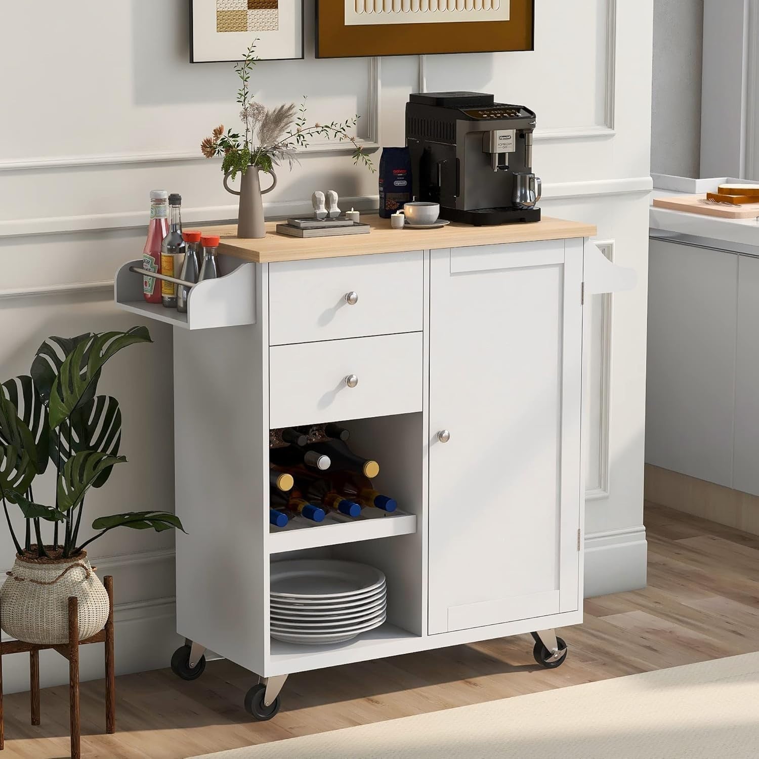 Rolling Kitchen Island Cart with Storage Drawers, Rubber Wood Top & Towel Rack