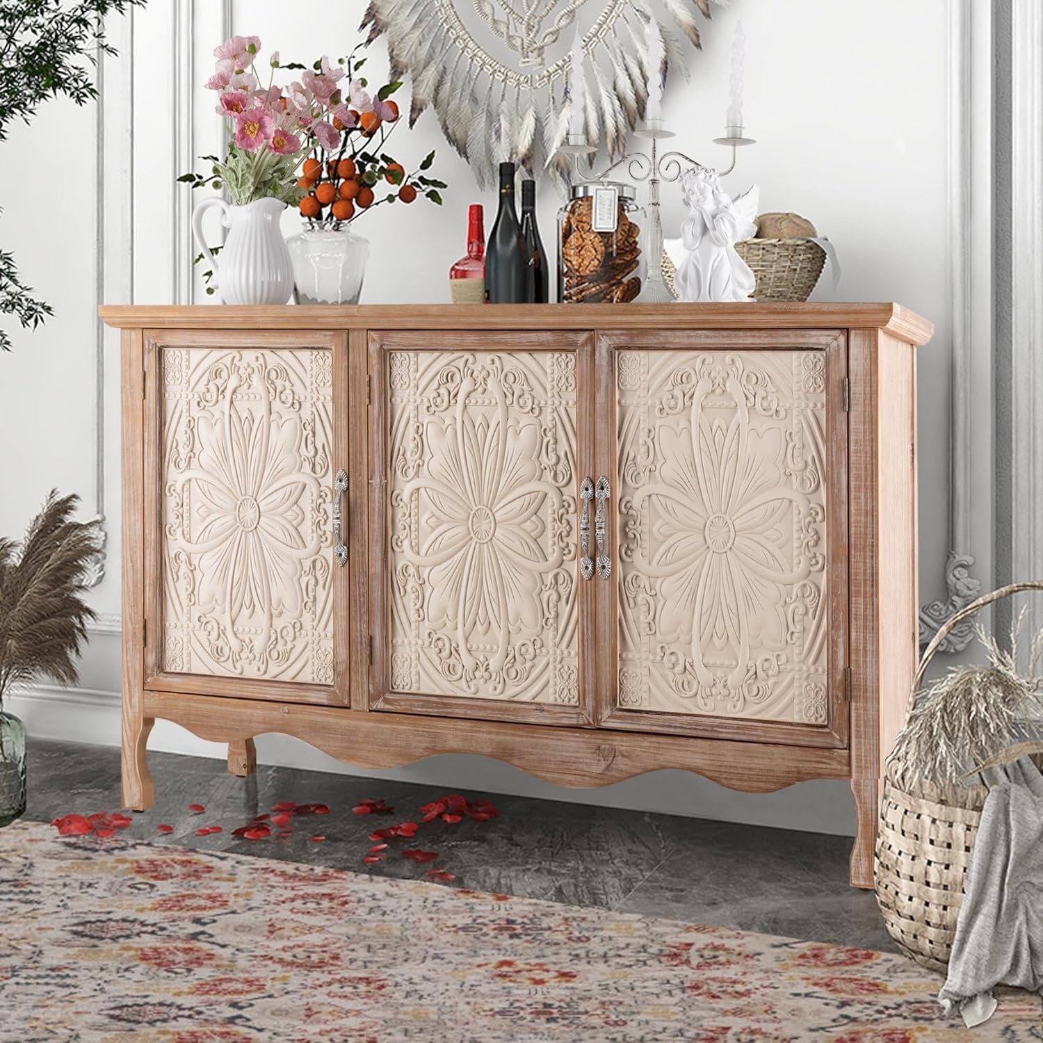 French Country Buffet Cabinet with 3 Doors Large Storage Natural Wood