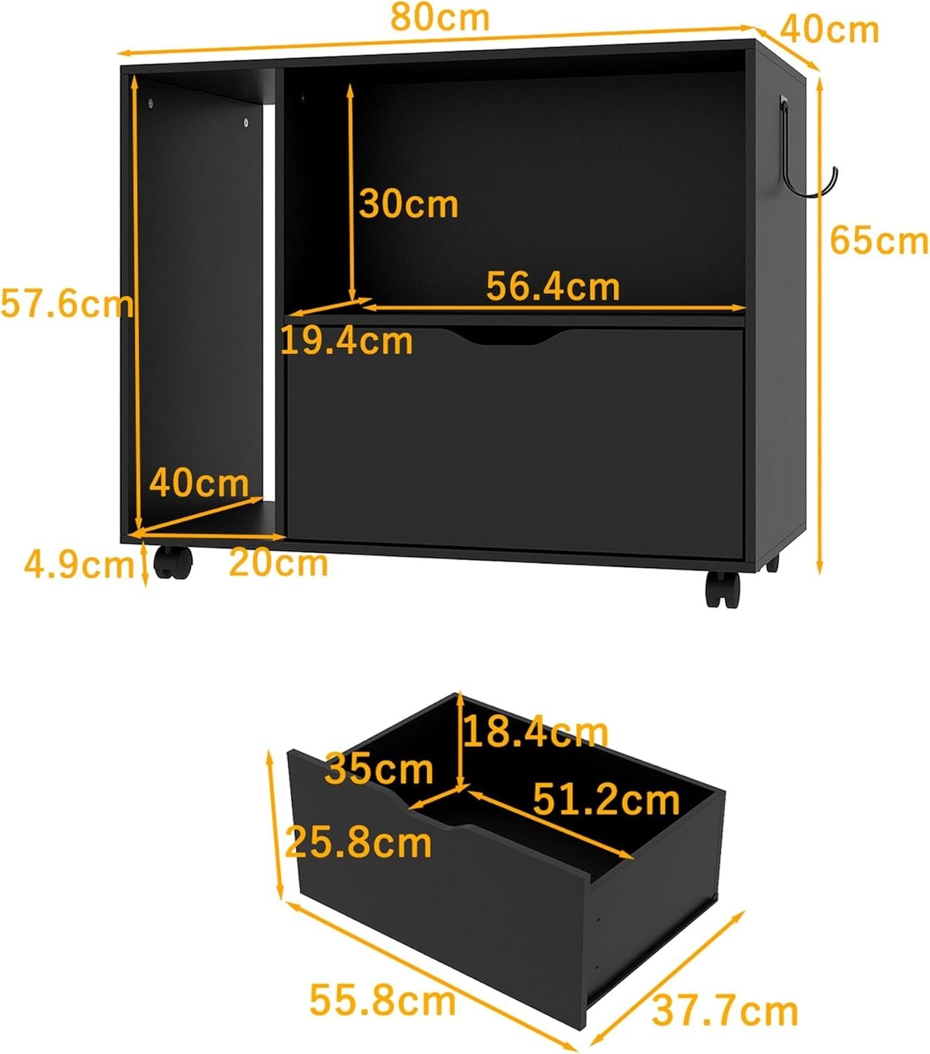 Black Mobile File Cabinet 80cm Rolling Printer Stand Storage