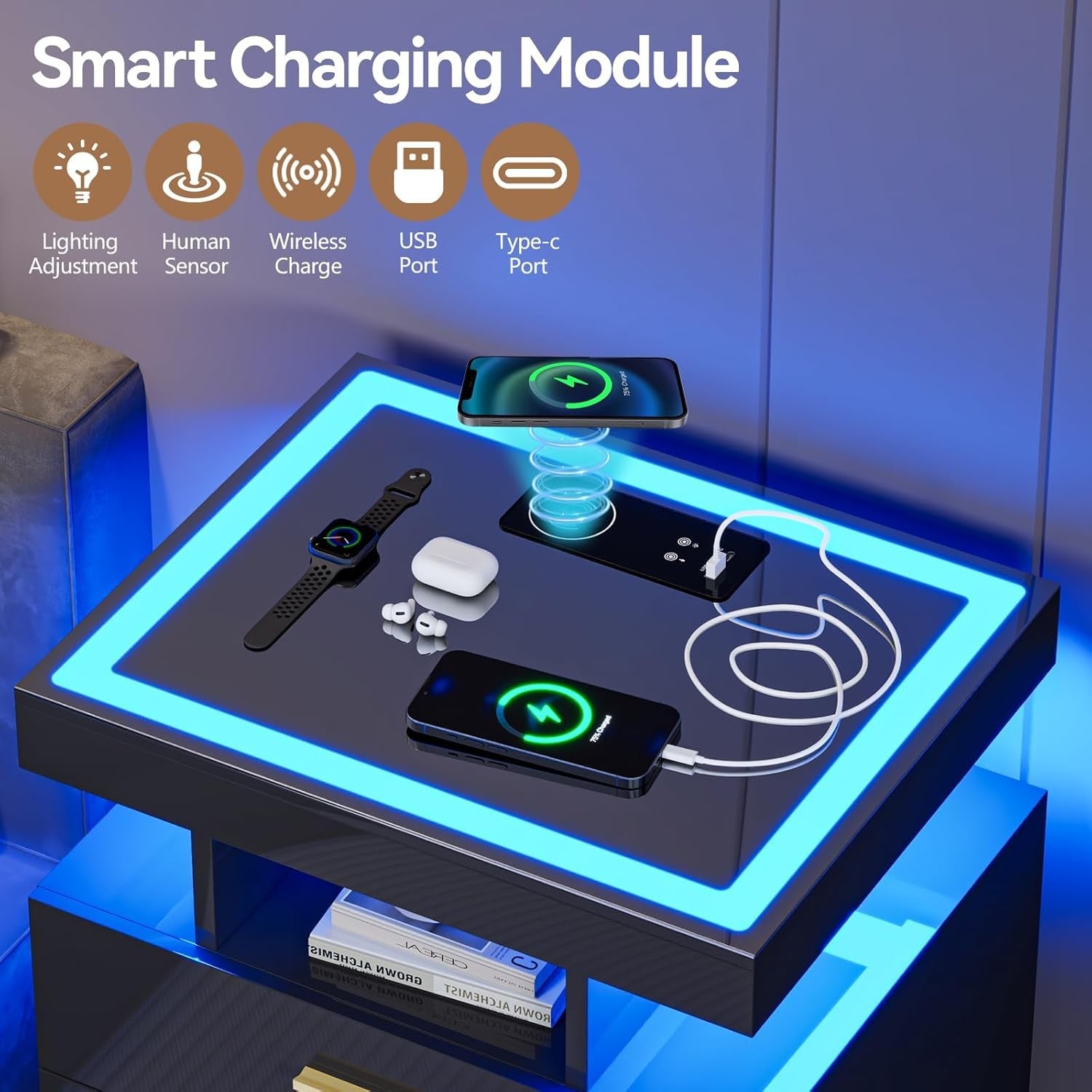 Black LED Bedside Table with Wireless Charging, Glass Top & 3 Drawer Storage